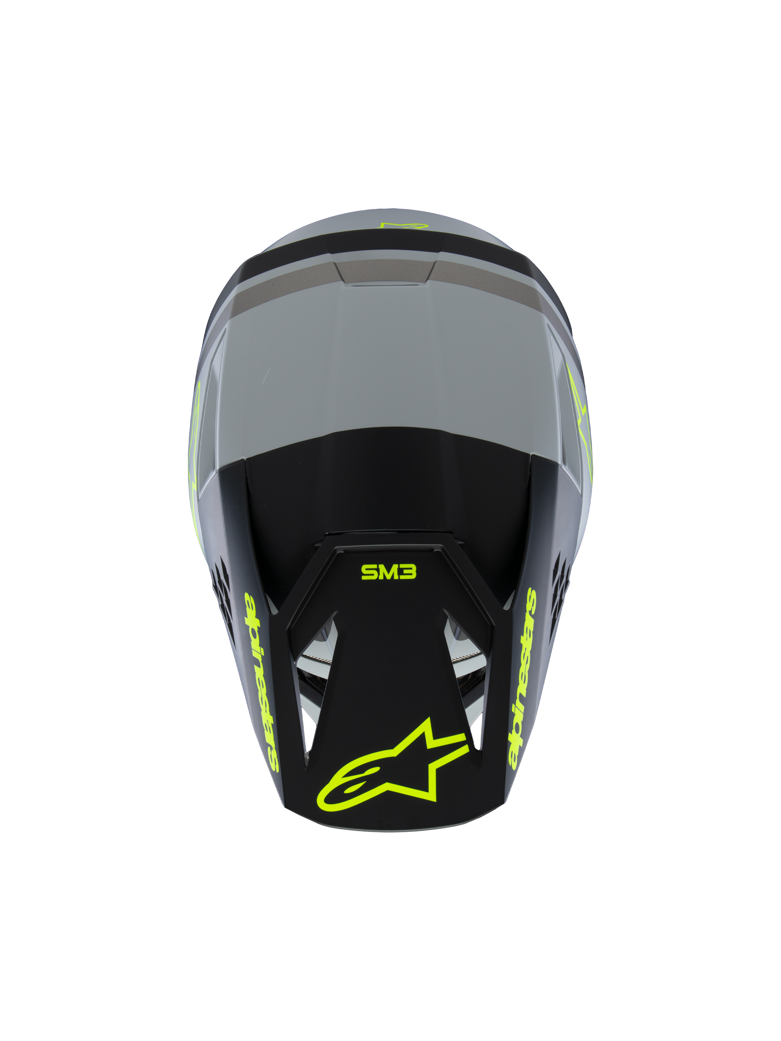 Alpinestars S-M3 Jeugd Radium helm ECE 22.06, motocrosshelm, mat grijs en zwart met fluorescerend gele accenten, bovenaanzicht met Alpinestars- en SM3-branding, gespecialiseerde off-road hoofdbescherming voor de jeugd