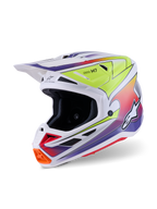 Alpinestars S-M7 Fuse Helmet, Motocross Helmet, White with Yellow Fluo and Purple gradient graphics, featuring a streamlined composite shell, integrated visor, multiple mesh vents, and high-performance racing design for off-road use