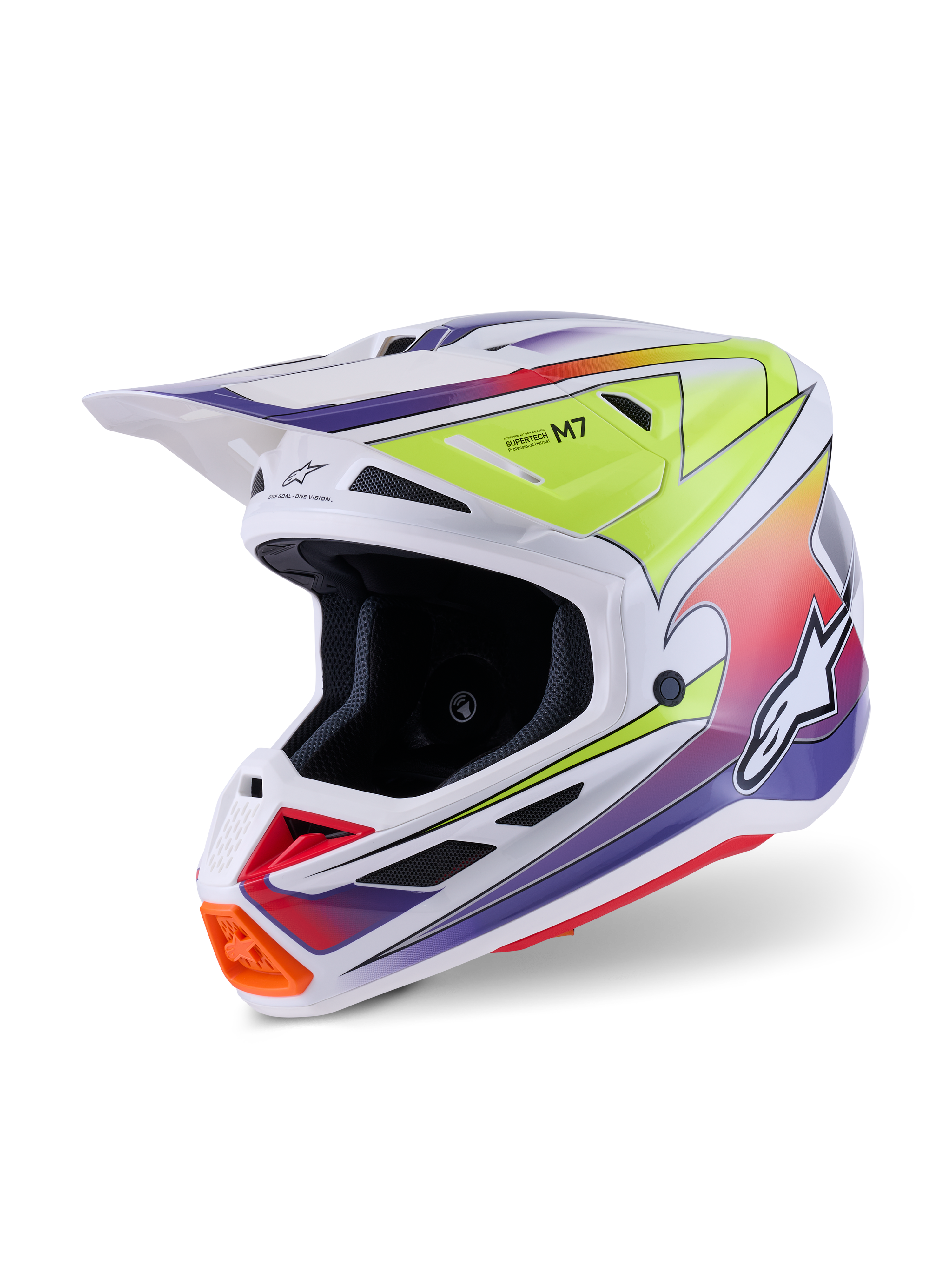Alpinestars S-M7 Fuse Helmet, Motocross Helmet, White with Yellow Fluo and Purple gradient graphics, featuring a streamlined composite shell, integrated visor, multiple mesh vents, and high-performance racing design for off-road use