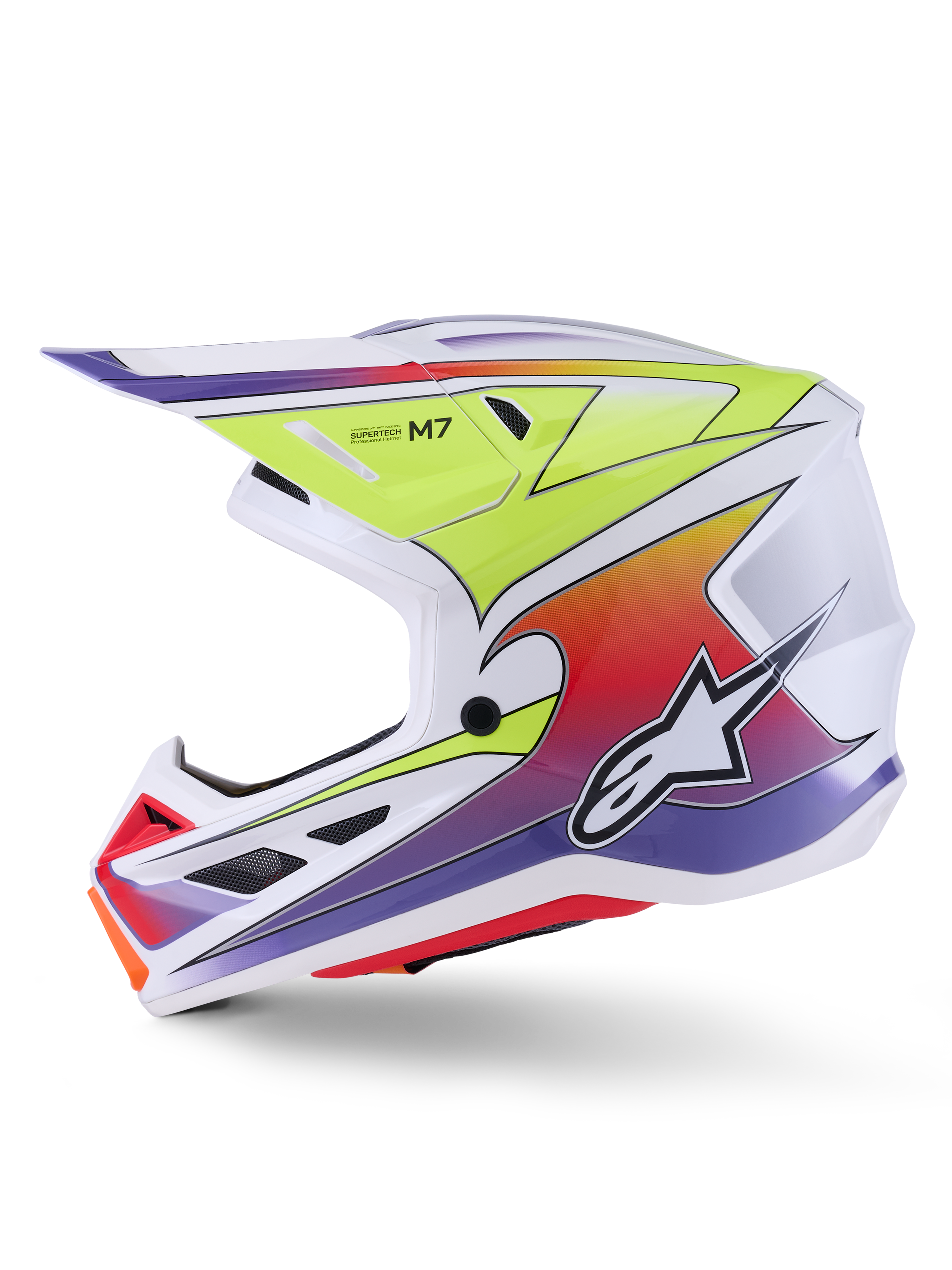 Alpinestars S-M7 Fuse Helmet, Motocross Helmet, White Yellow Fluo and Purple Glossy, side profile view showing aerodynamic shell with colorful gradient graphics, black ventilation ports, and white Alpinestars logo, high-performance off-road racing gear.