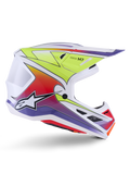 Alpinestars S-M7 Fuse Helmet, Motocross Helmet, White with Yellow Fluo, Red, and Purple gradients, glossy finish featuring an aerodynamic shell, integrated visor, and black mesh ventilation ports.