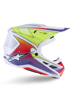 Alpinestars S-M7 Fuse Helmet, Motocross Helmet, White with Yellow Fluo, Red, and Purple gradients, glossy finish featuring an aerodynamic shell, integrated visor, and black mesh ventilation ports.