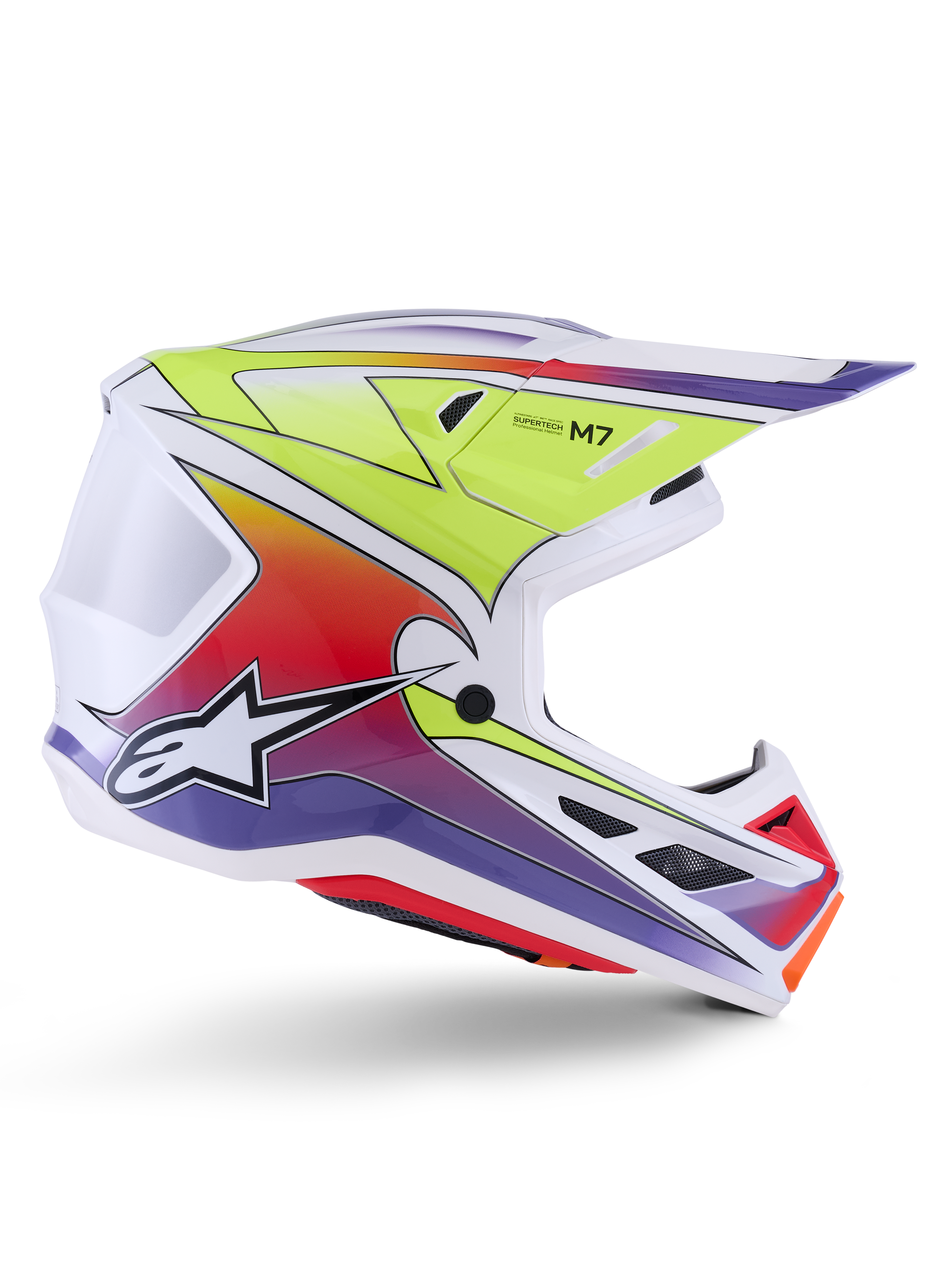 Alpinestars S-M7 Fuse Helmet, Motocross Helmet, White with Yellow Fluo, Red, and Purple gradients, glossy finish featuring an aerodynamic shell, integrated visor, and black mesh ventilation ports.