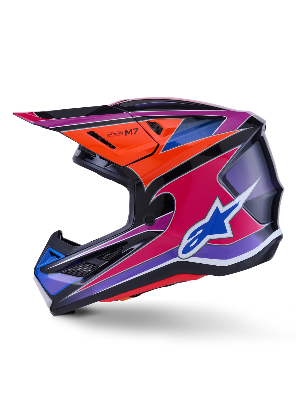 Alpinestars S-M7 Fuse Helmet, Motocross Helmet, Blue Purple Pink and Orange Glossy, vibrant multi-colored graphic design with blue Alpinestars logo, aerodynamic composite shell with protective visor and ventilation ports, professional off-road racing gear