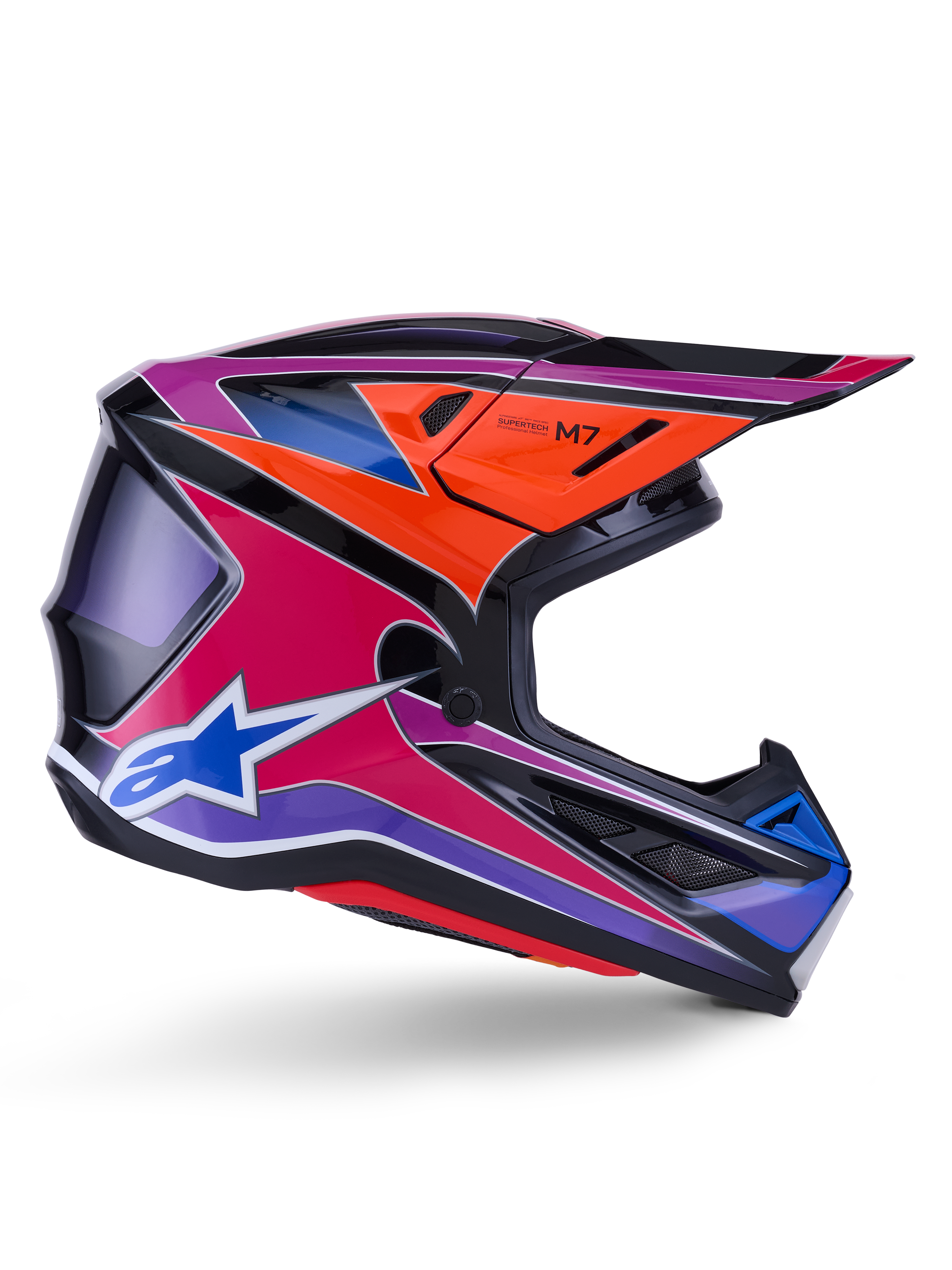 Alpinestars S-M7 Fuse Helmet, Motocross Helmet, Blue Purple and Pink Glossy, side profile view with vibrant racing graphics, aerodynamic shell design with ventilation ports and Alpinestars star logo