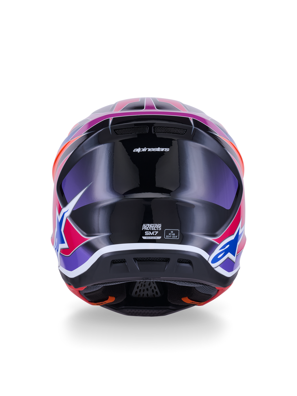 Alpinestars S-M7 Fuse Helmet, Motocross Helmet, Rear View, Blue Purple Pink Glossy, vibrant pink and purple graphics on a glossy black shell, featuring ventilation ports and ECE 22.06 certification label