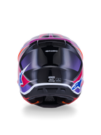 Alpinestars S-M7 Fuse Helmet, Motocross Helmet, Rear View, Blue Purple Pink Glossy, vibrant pink and purple graphics on a glossy black shell, featuring ventilation ports and ECE 22.06 certification label
