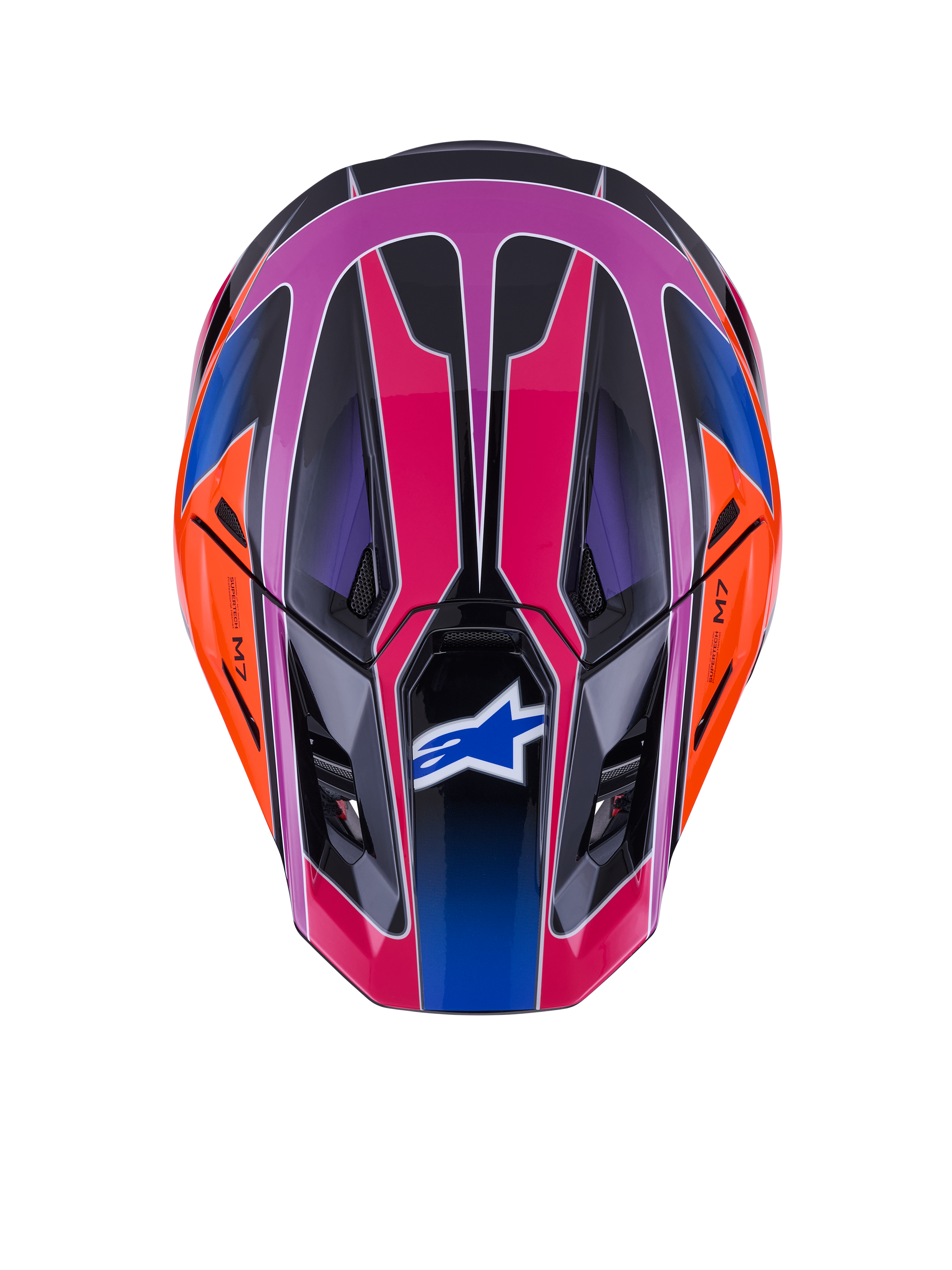 Alpinestars S-M7 Fuse Helmet, top-down view, Blue Purple Pink Glossy with orange and black accents, vibrant geometric design, aerodynamic shell with ventilation ports and Alpinestars logo on the visor, motocross safety gear