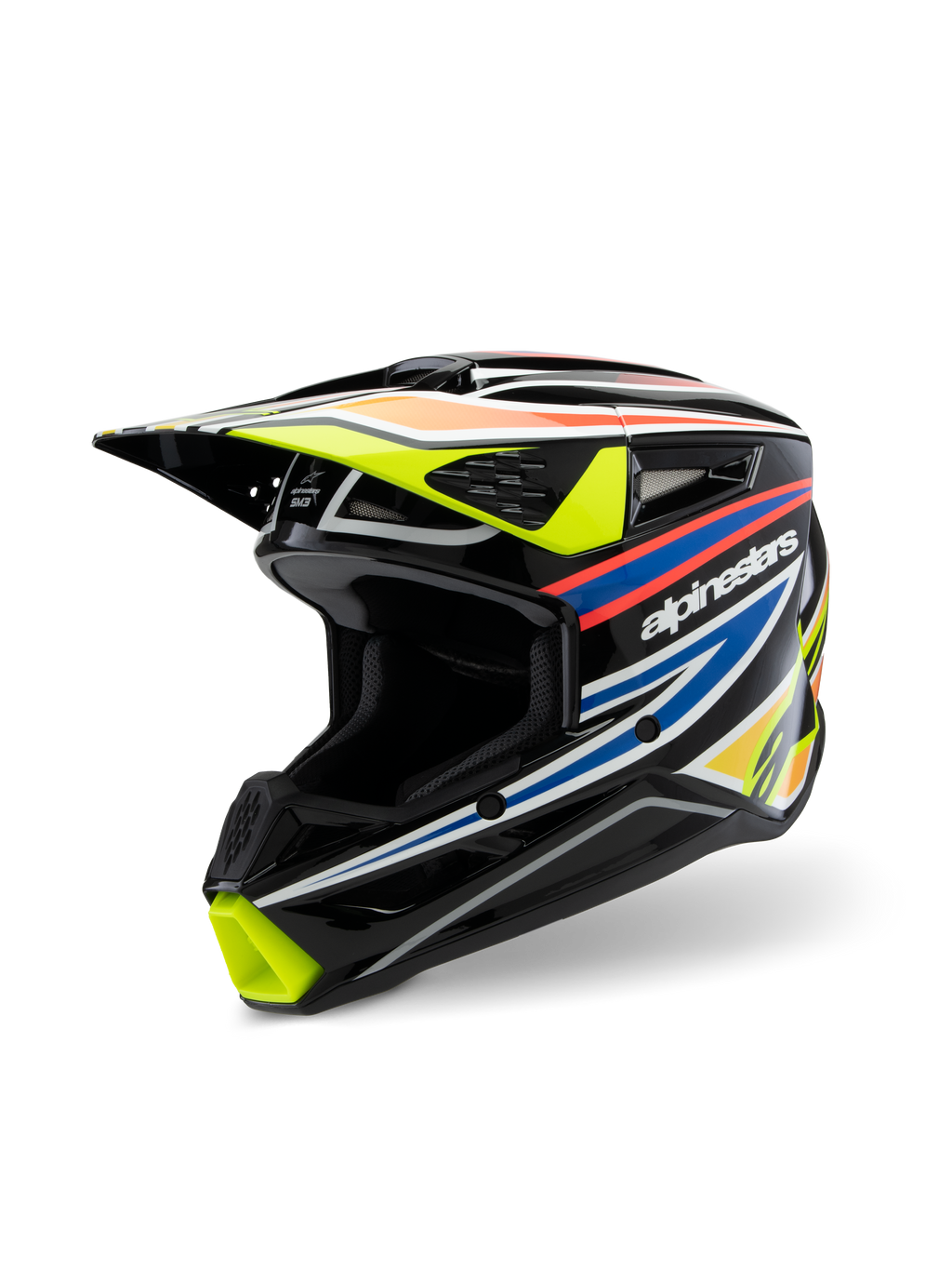 Alpinestars S-M3 Youth Wurx Helm ECE 22.06, motorcrosshelm, glanzend zwart met fluoriserend gele, blauwe en rood-oranje graphics, driekwart aanzicht met focus op de aerodynamische schaal en ventilatiepoorten, beschermende off-road uitrusting voor jonge rijders