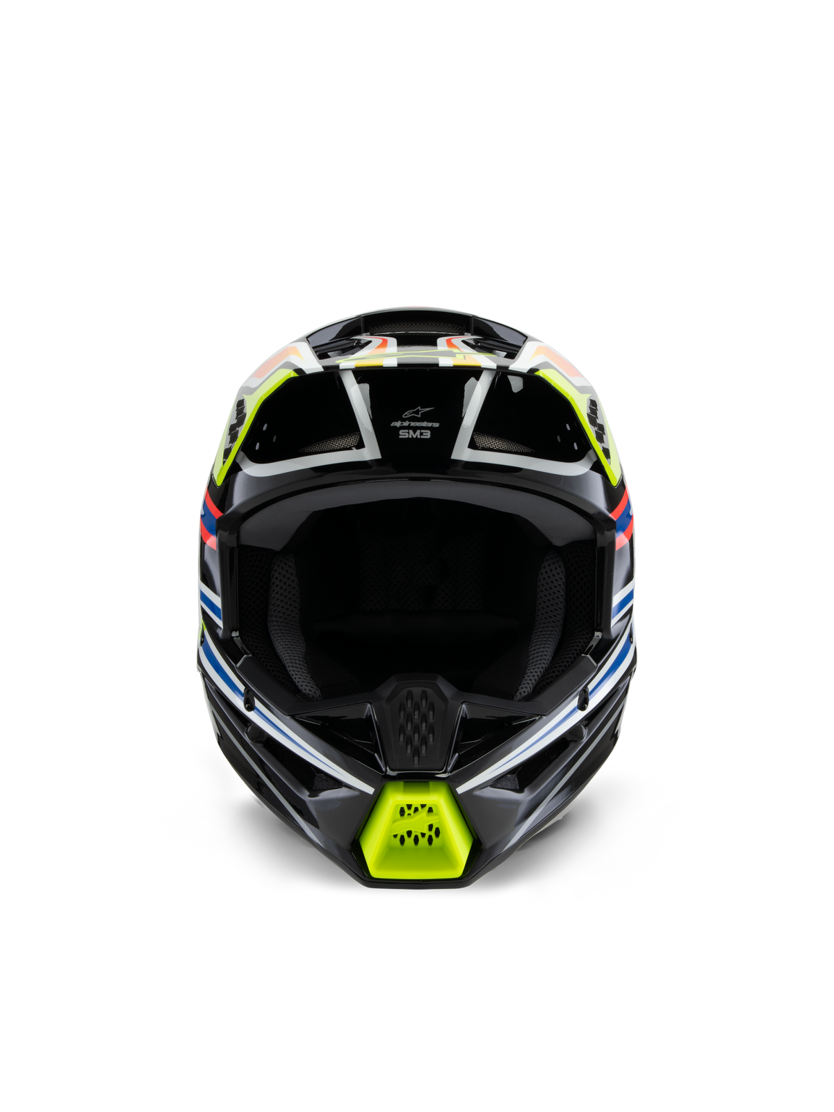 Alpinestars S-M3 Youth Wurx Helm, vooraanzicht, zwart met fluorescerend gele, blauwe en rode accenten, jeugd motocross bescherming, zwarte basis met opvallende geometrische graphics, geïntegreerde ventilatieopeningen en een geel kinstuk, off-road racestijl