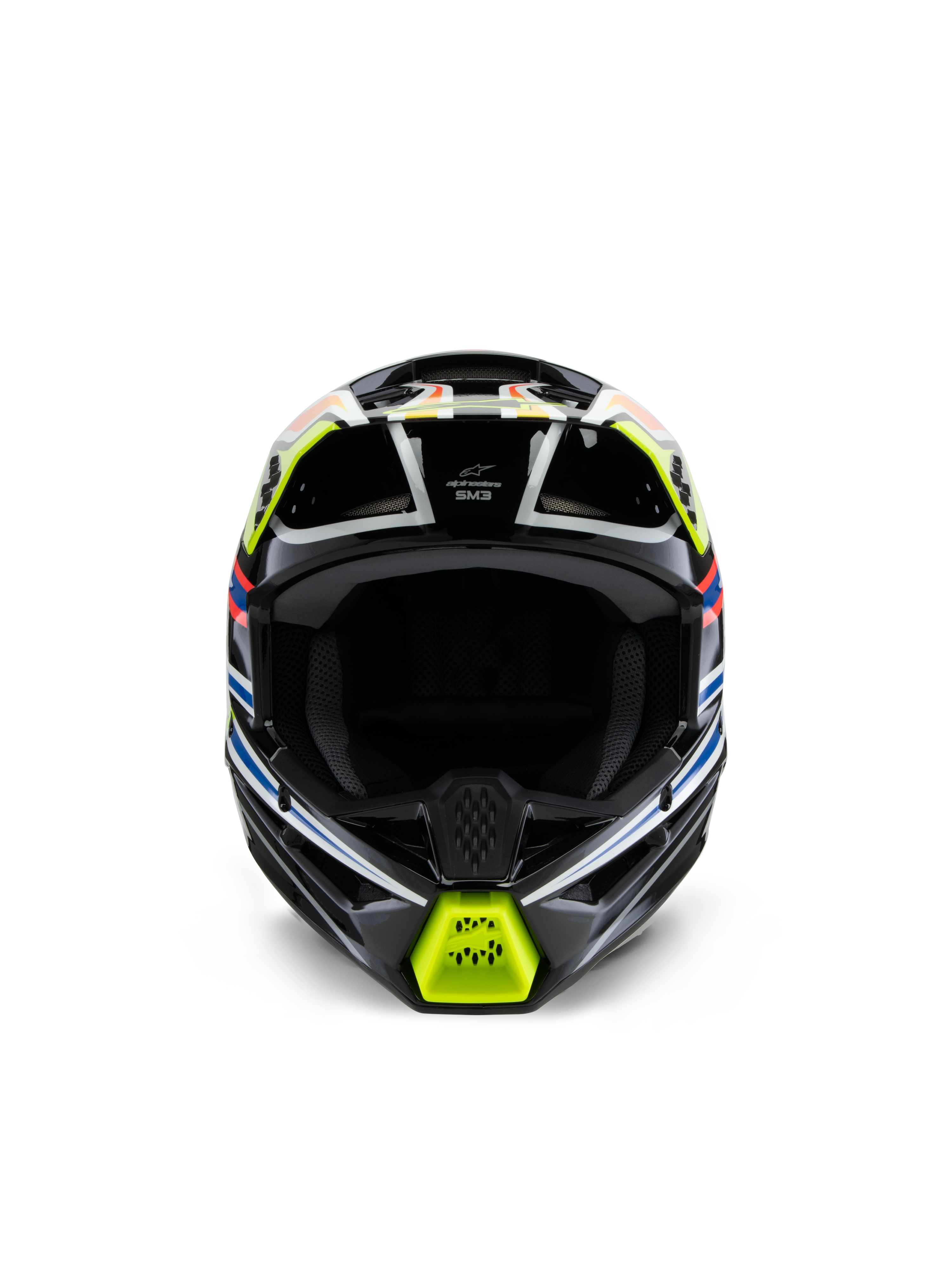 Alpinestars S-M3 Youth Wurx Helm, vooraanzicht, zwart met fluorescerend gele, blauwe en rode accenten, jeugd motocross bescherming, zwarte basis met opvallende geometrische graphics, geïntegreerde ventilatieopeningen en een geel kinstuk, off-road racestijl