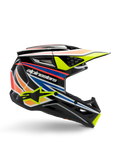 Alpinestars S-M3 Youth Wurx helm, jeugd motorcrosshelm, zwart met gele, blauwe, rode en oranje grafische strepen, zijprofiel met aerodynamisch vizier en glanzende afwerking, voorzien van wit Alpinestars logo en gele ster-graphic