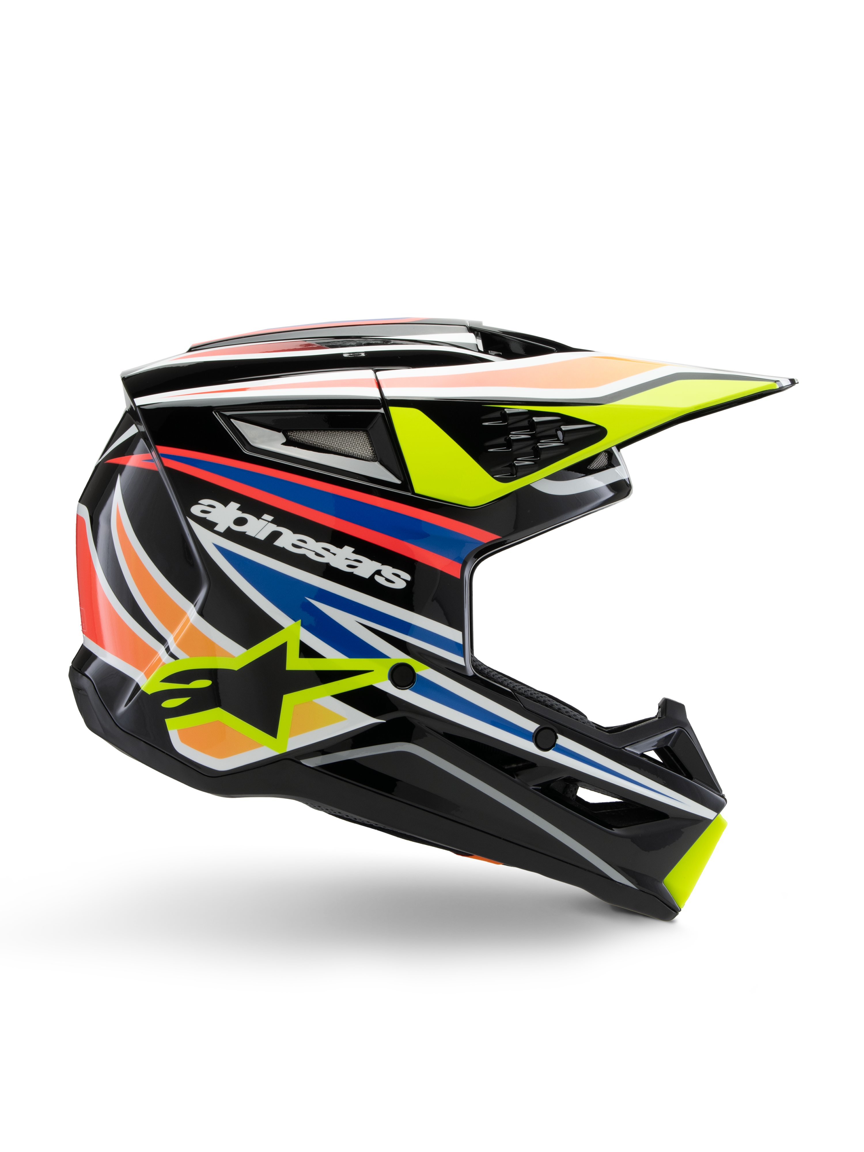 Alpinestars S-M3 Youth Wurx helm, jeugd motorcrosshelm, zwart met gele, blauwe, rode en oranje grafische strepen, zijprofiel met aerodynamisch vizier en glanzende afwerking, voorzien van wit Alpinestars logo en gele ster-graphic