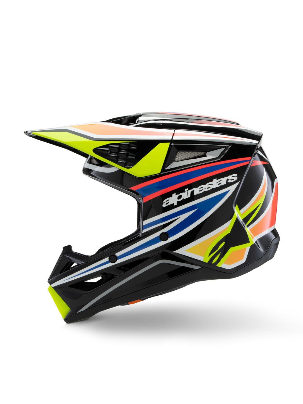 Alpinestars S-M3 Youth Wurx helm, motorcrosshelm, zwart met felle gele, blauwe en rode graphics, zijaanzicht met opvallende Alpinestars-branding, aerodynamische schaal met meerdere ventilatieopeningen en een gele klep.