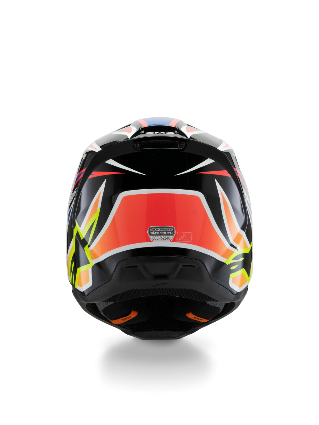 Alpinestars S-M3 Jeugd Wurx Helm ECE 22.06, motorcrosshelm, achteraanzicht, zwart met rode, fluorescerend gele en blauwe graphics, met opvallende hoekige patronen, sterlogo's en ECE 22.06-certificeringssticker, ontworpen voor off-road racing voor de jeugd