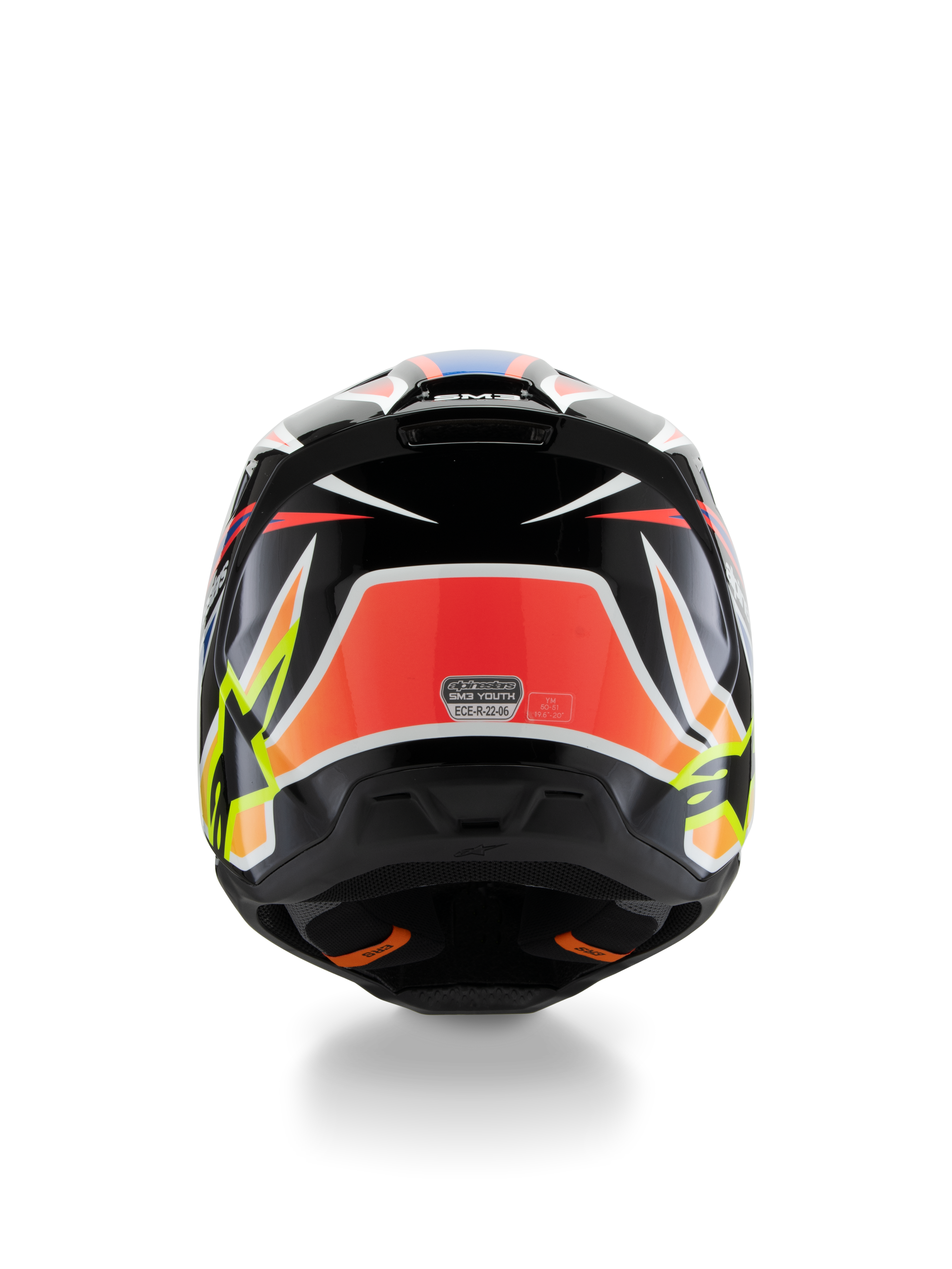 Alpinestars S-M3 Jeugd Wurx Helm ECE 22.06, motorcrosshelm, achteraanzicht, zwart met rode, fluorescerend gele en blauwe graphics, met opvallende hoekige patronen, sterlogo's en ECE 22.06-certificeringssticker, ontworpen voor off-road racing voor de jeugd