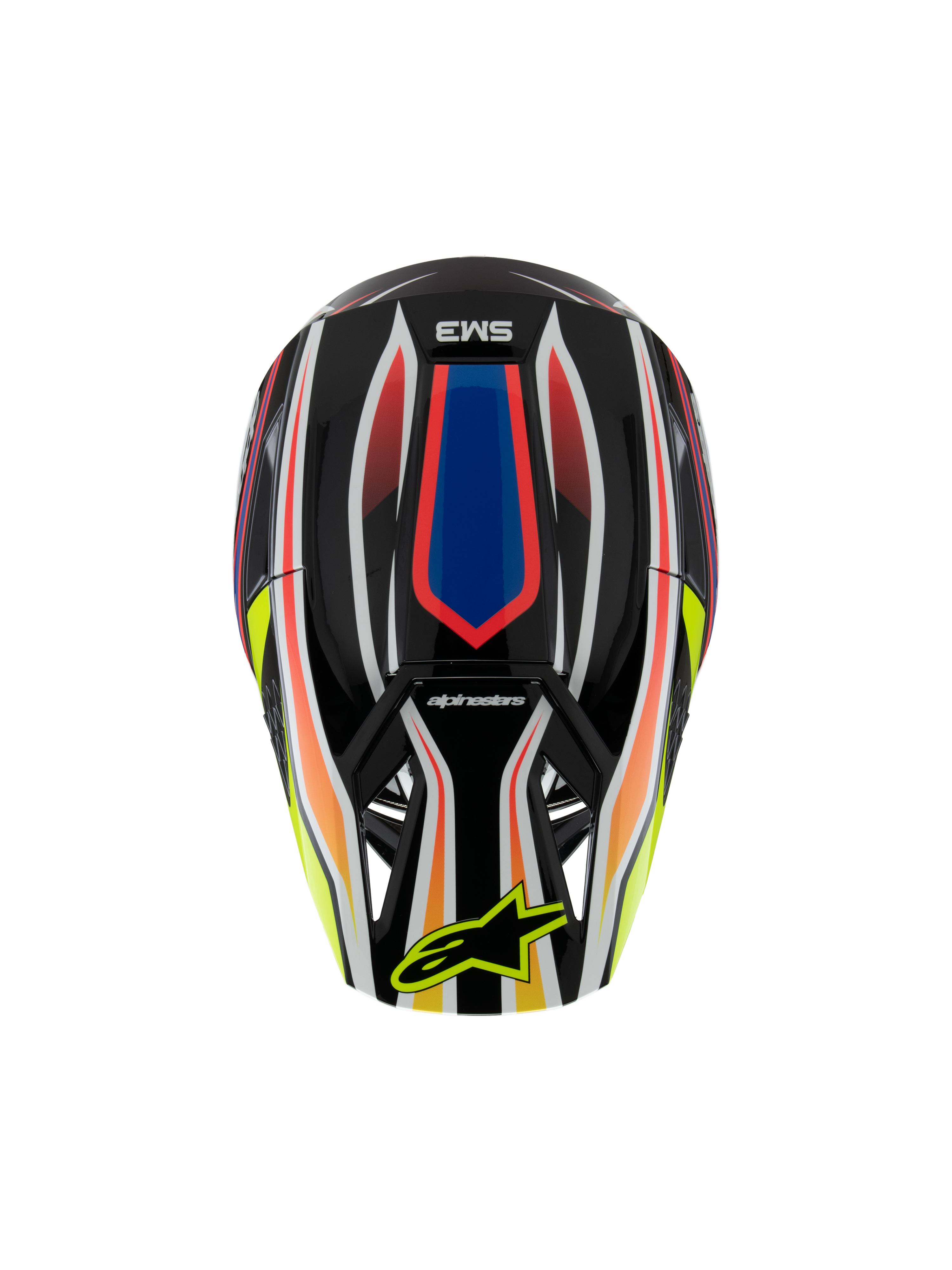 Alpinestars S-M3 Youth Wurx helm ECE 22.06, motorcrosshelm, zwart met levendige rode, blauwe en gele graphics, bovenaanzicht met SM3-logo en geel Alpinestars-logo op het vizier, off-road beschermende uitrusting