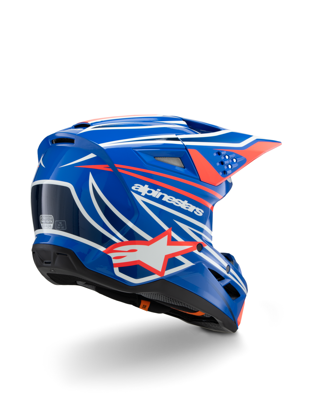 Alpinestars S-M3 Youth Wurx helm, motorcrosshelm, glanzend blauw met rode, witte en zwarte graphics, driekwart achteraanzicht met aerodynamische schaal, ventilatieopeningen en opvallende Alpinestars-branding, beschermende hoofdbescherming voor off-road racing
