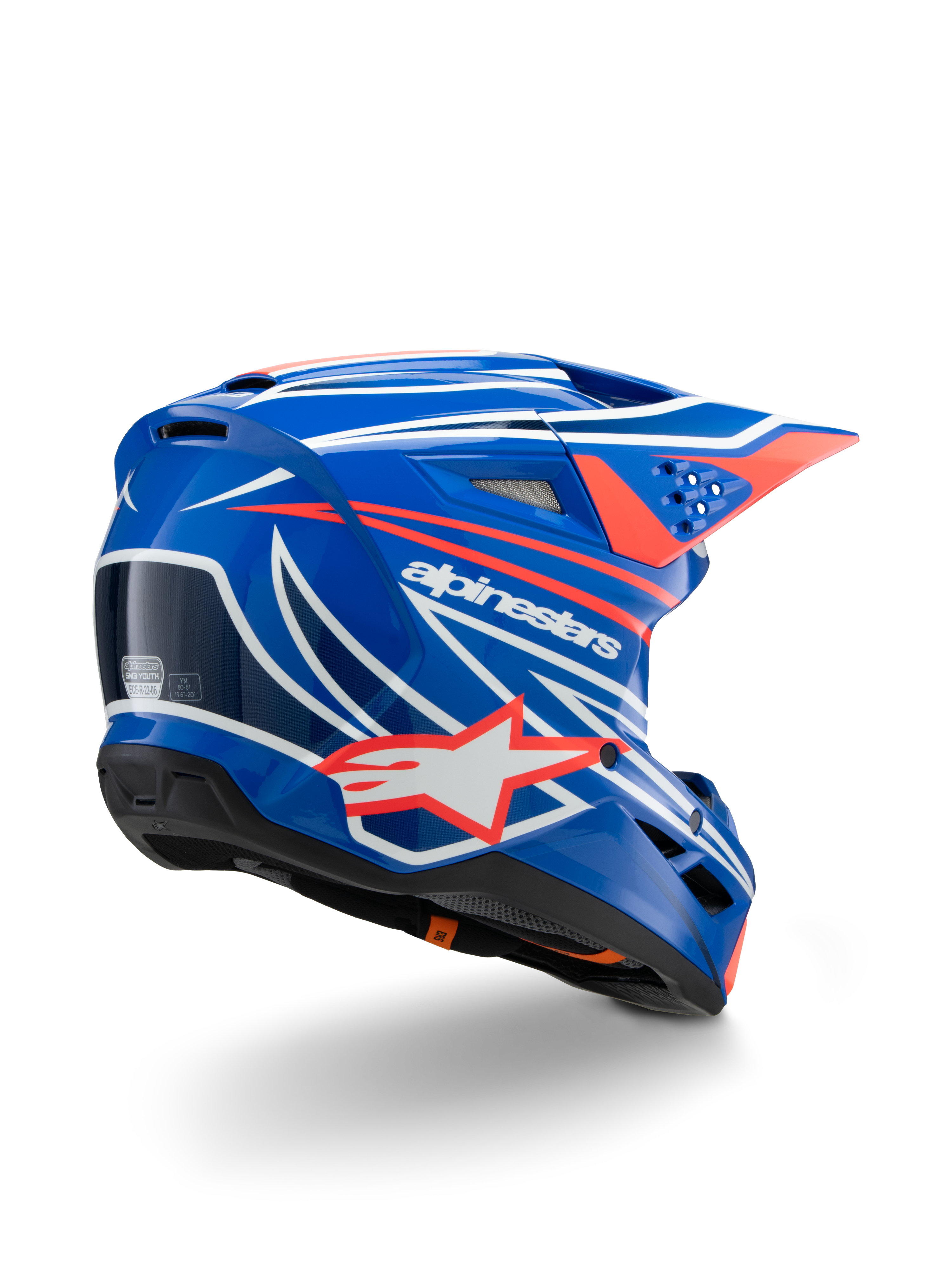Alpinestars S-M3 Youth Wurx helm, motorcrosshelm, glanzend blauw met rode, witte en zwarte graphics, driekwart achteraanzicht met aerodynamische schaal, ventilatieopeningen en opvallende Alpinestars-branding, beschermende hoofdbescherming voor off-road racing