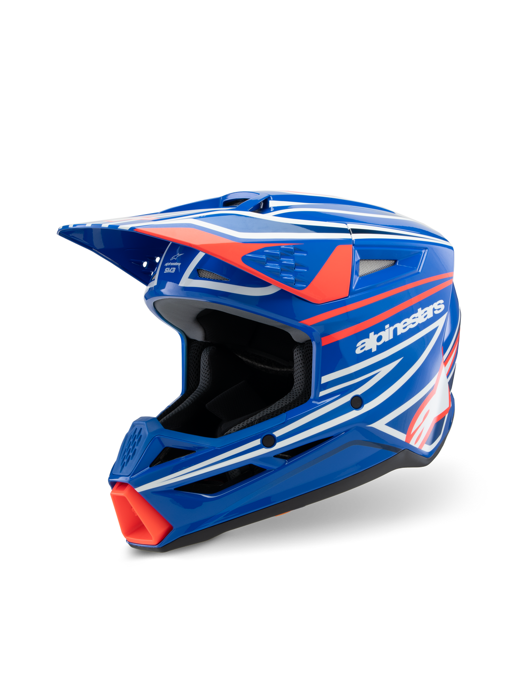 Alpinestars S-M3 Youth Wurx Helm, motorcrosshelm, glanzend blauw met rode en witte graphics, scherp aerodynamisch ontwerp met een opvallend vizier en meerdere ventilatieopeningen, ontworpen voor off-road en MX-races voor de jeugd