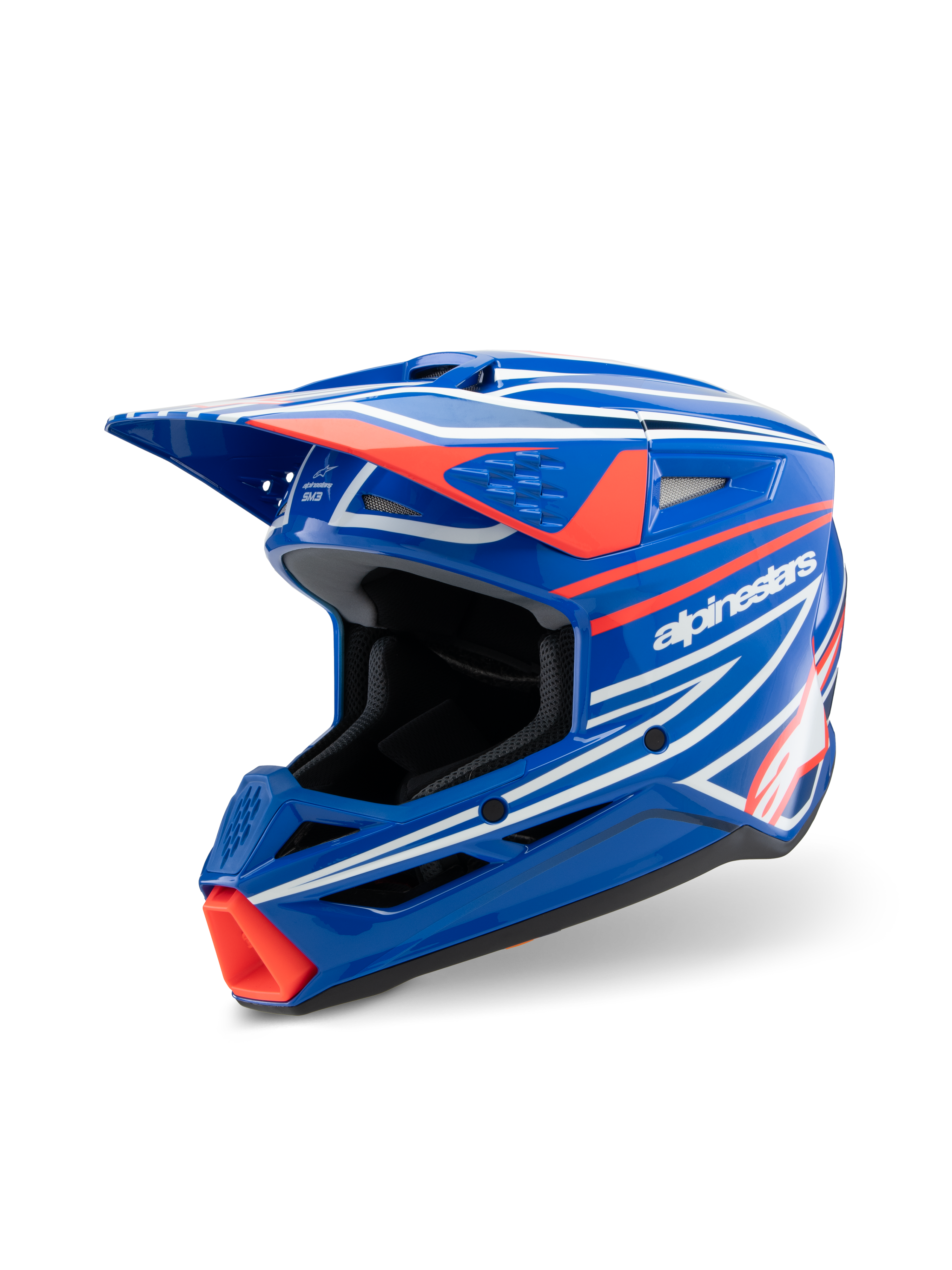 Alpinestars S-M3 Youth Wurx Helm, motorcrosshelm, glanzend blauw met rode en witte graphics, scherp aerodynamisch ontwerp met een opvallend vizier en meerdere ventilatieopeningen, ontworpen voor off-road en MX-races voor de jeugd