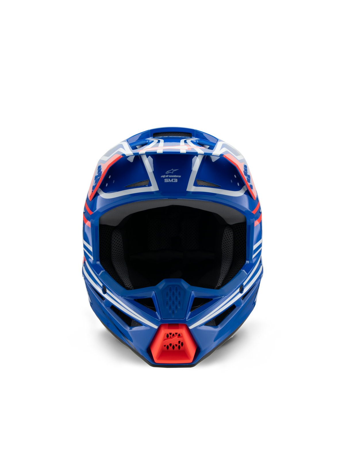 Alpinestars S-M3 Jeugd Wurx Helm ECE 22.06, motorcrosshelm, blauw rood wit en zwart glanzend, vooraanzicht met aerodynamische schaal, ventilatieopeningen en felrode luchtinlaat op de kin, ontworpen voor off-road racing voor de jeugd