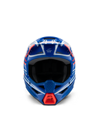 Alpinestars S-M3 Jeugd Wurx Helm ECE 22.06, motorcrosshelm, blauw rood wit en zwart glanzend, vooraanzicht met aerodynamische schaal, ventilatieopeningen en felrode luchtinlaat op de kin, ontworpen voor off-road racing voor de jeugd