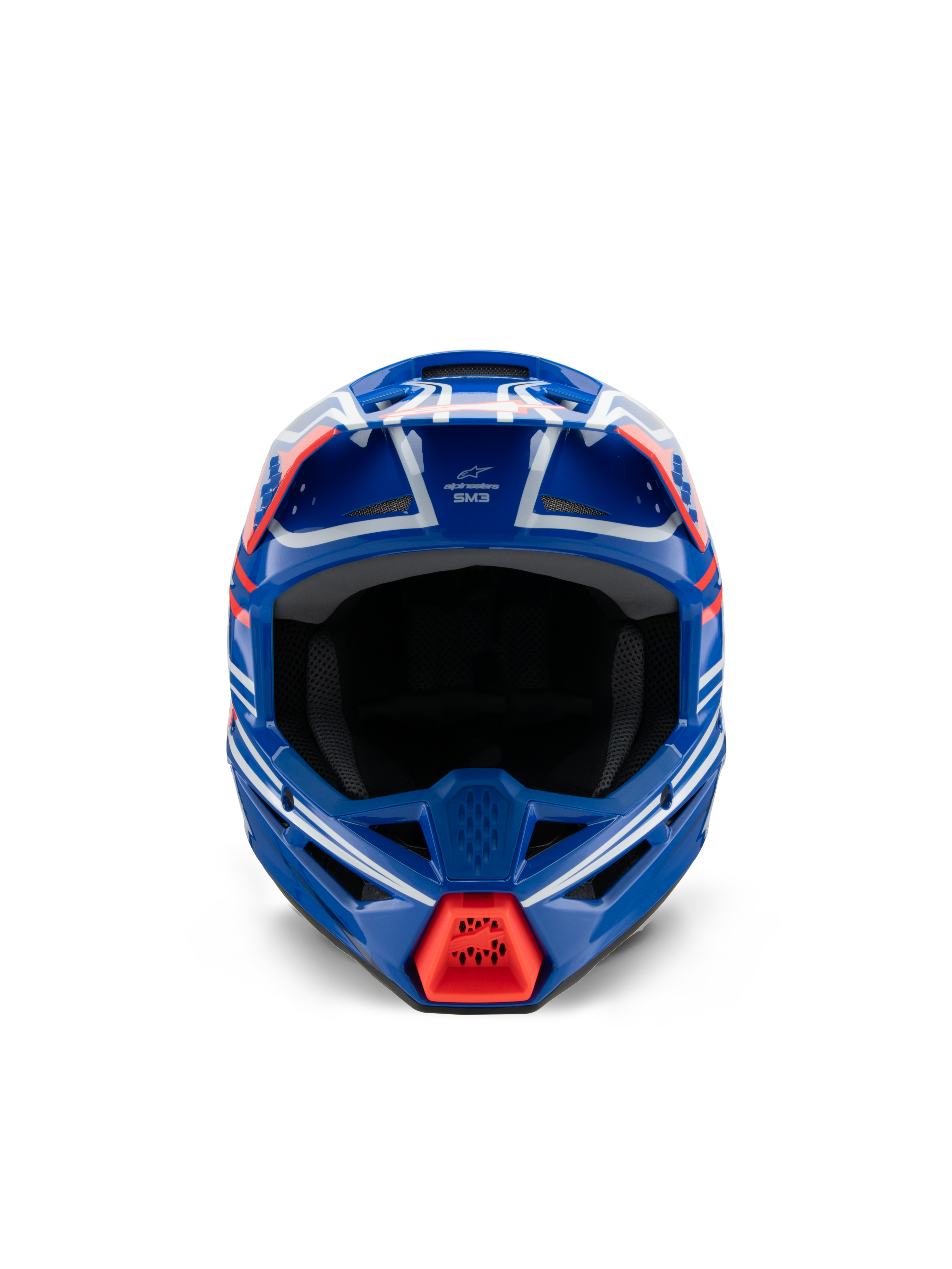 Alpinestars S-M3 Jeugd Wurx Helm ECE 22.06, motorcrosshelm, blauw rood wit en zwart glanzend, vooraanzicht met aerodynamische schaal, ventilatieopeningen en felrode luchtinlaat op de kin, ontworpen voor off-road racing voor de jeugd