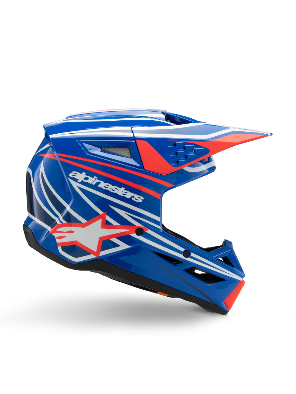 Alpinestars S-M3 Youth Wurx helm, jeugd motorcrosshelm, blauw met rode en witte graphics, zijprofiel met aerodynamisch vizier, ventilatieopeningen en sterlogo, glanzende afwerking, ECE 22.06 gecertificeerd
