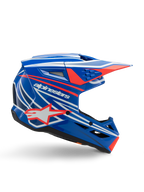 Alpinestars S-M3 Youth Wurx helm, jeugd motorcrosshelm, blauw met rode en witte graphics, zijprofiel met aerodynamisch vizier, ventilatieopeningen en sterlogo, glanzende afwerking, ECE 22.06 gecertificeerd