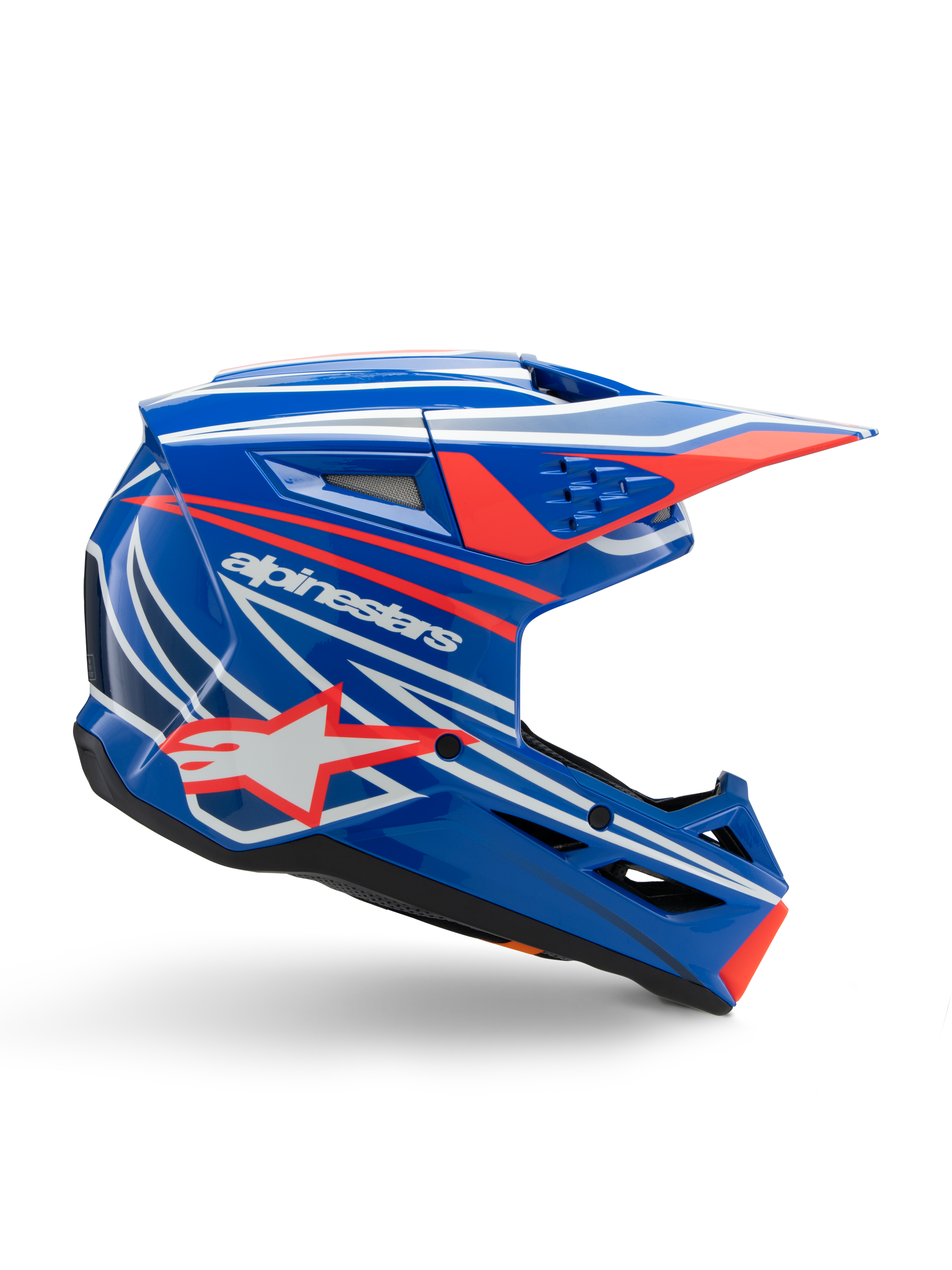 Alpinestars S-M3 Youth Wurx helm, jeugd motorcrosshelm, blauw met rode en witte graphics, zijprofiel met aerodynamisch vizier, ventilatieopeningen en sterlogo, glanzende afwerking, ECE 22.06 gecertificeerd