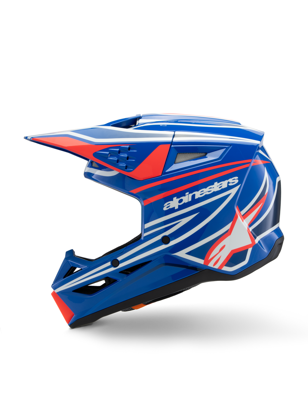 Alpinestars S-M3 Youth Wurx helm, motorcrosshelm, blauw, rood, wit en zwart glanzend, voorzien van opvallende graphics met het Alpinestars-logo en ster, zijaanzicht met aerodynamische ventilatieopeningen en geïntegreerd vizier, off-road race-uitrusting