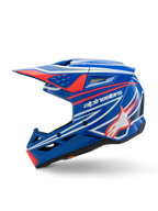 Alpinestars S-M3 Youth Wurx helm, motorcrosshelm, blauw, rood, wit en zwart glanzend, voorzien van opvallende graphics met het Alpinestars-logo en ster, zijaanzicht met aerodynamische ventilatieopeningen en geïntegreerd vizier, off-road race-uitrusting