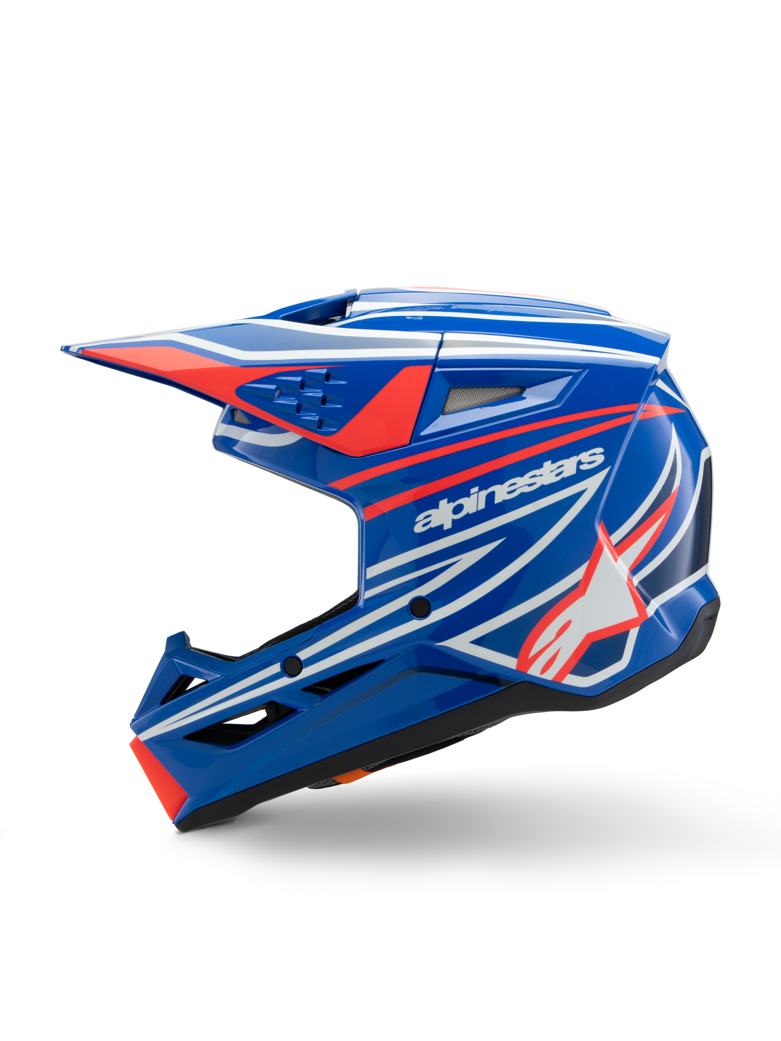 Alpinestars S-M3 Youth Wurx helm, motorcrosshelm, blauw, rood, wit en zwart glanzend, voorzien van opvallende graphics met het Alpinestars-logo en ster, zijaanzicht met aerodynamische ventilatieopeningen en geïntegreerd vizier, off-road race-uitrusting