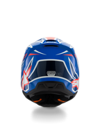 Alpinestars S-M3 Youth Wurx helm ECE 22.06, motorcrosshelm, blauw, rood en wit, achteraanzicht met aerodynamisch ontwerp en ventilatieopeningen, glanzende afwerking met scherpe grafische accenten en veiligheidscertificeringssticker.