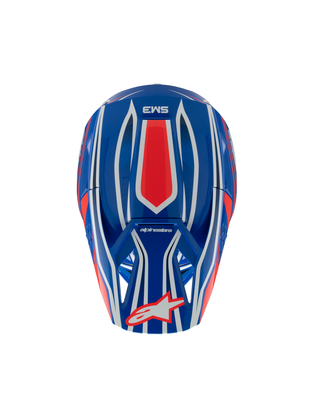 Alpinestars S-M3 Jeugd Wurx Helm, motorcrosshelm, blauw rood wit en zwart glanzend, bovenaanzicht met rode en witte grafische patronen, Alpinestars-logo op het vizier, gespecialiseerde off-road hoofdbescherming voor de jeugd