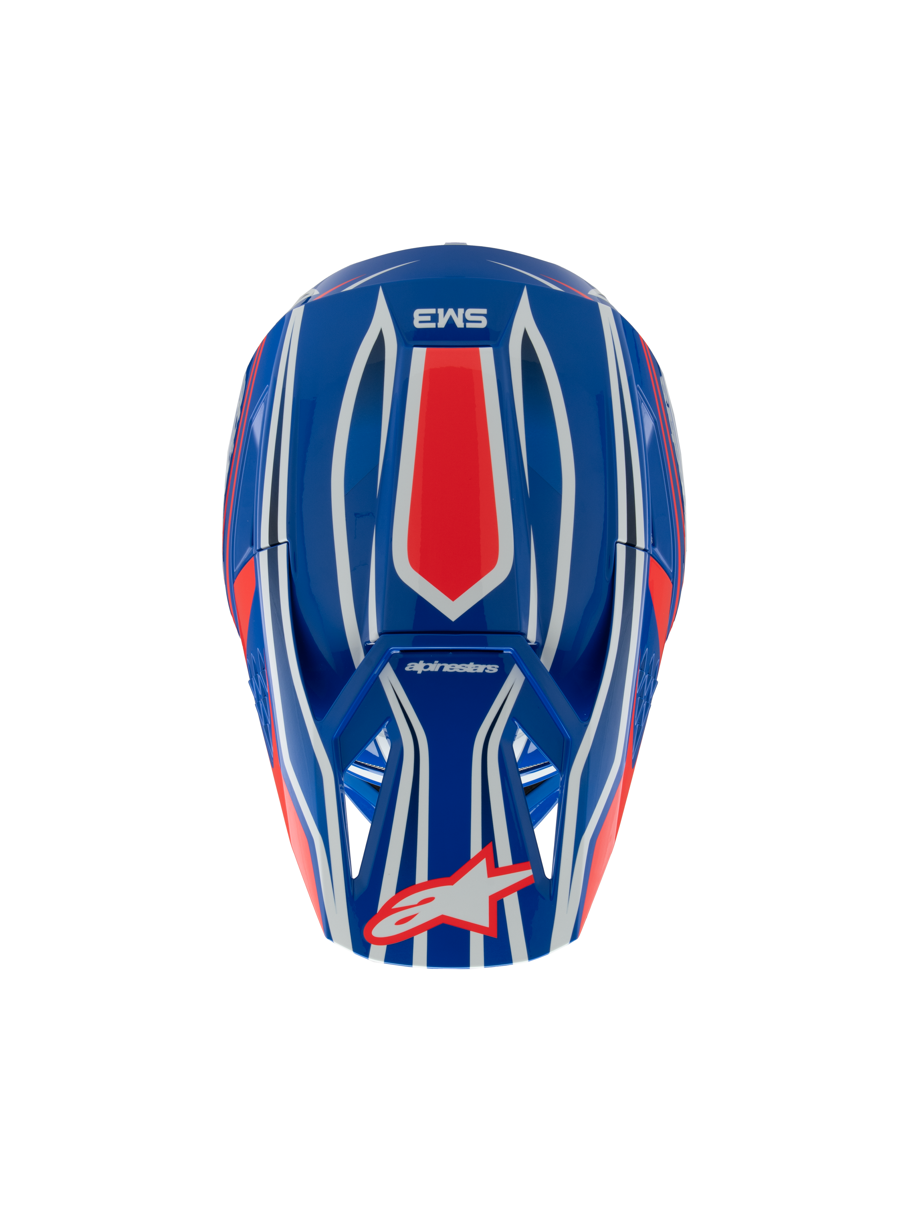 Alpinestars S-M3 Jeugd Wurx Helm, motorcrosshelm, blauw rood wit en zwart glanzend, bovenaanzicht met rode en witte grafische patronen, Alpinestars-logo op het vizier, gespecialiseerde off-road hoofdbescherming voor de jeugd