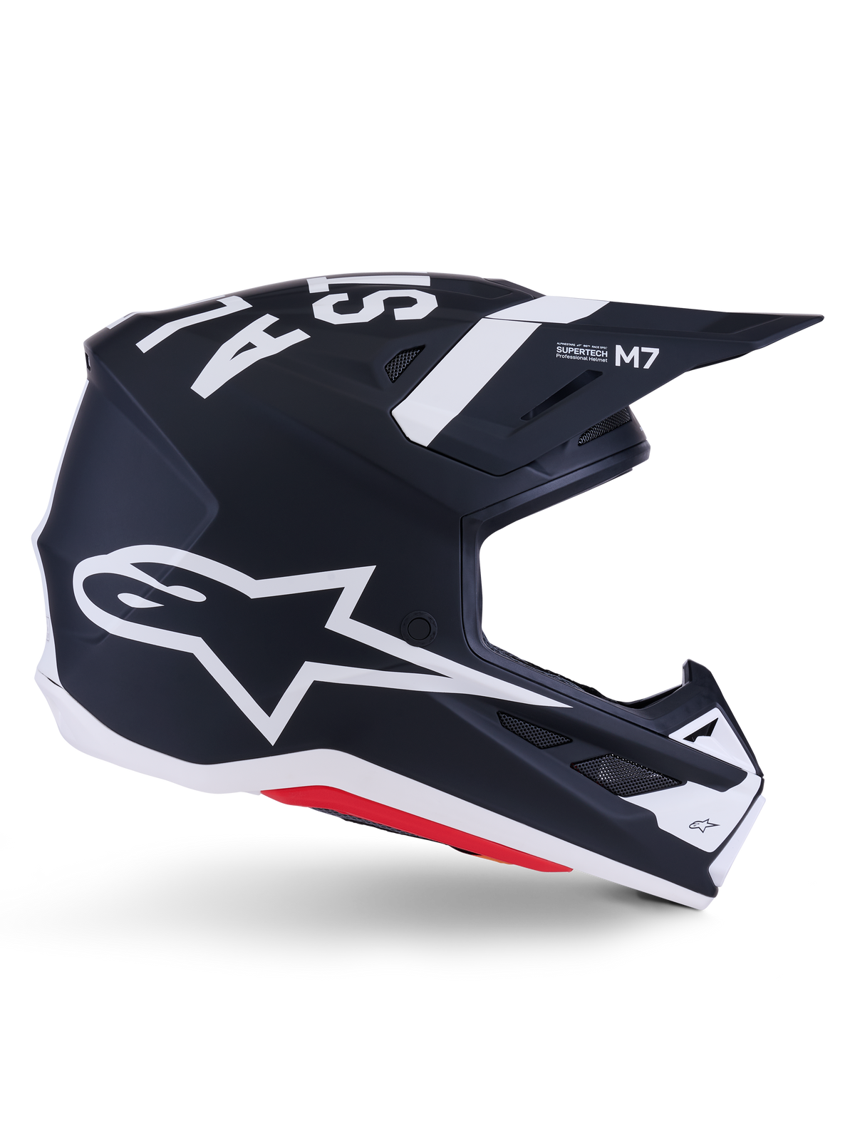 Alpinestars S-M7 Dasher helm, motorcrosshelm, mat zwart met witte en rode accenten, groot wit Alpinestars sterlogo op de zijkant, aerodynamisch vizier en ventilatieopeningen, matte afwerking, ECE 22.06 gecertificeerd voor off-road racen