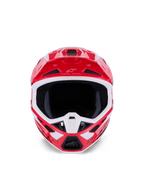 Alpinestars S-M7 Deed Helmet, Motocross Helmet, Red Black and White Glossy, front view showing the large eye port and ventilated chin bar, featuring the Alpinestars logo and motto on the visor, designed for off-road racing protection