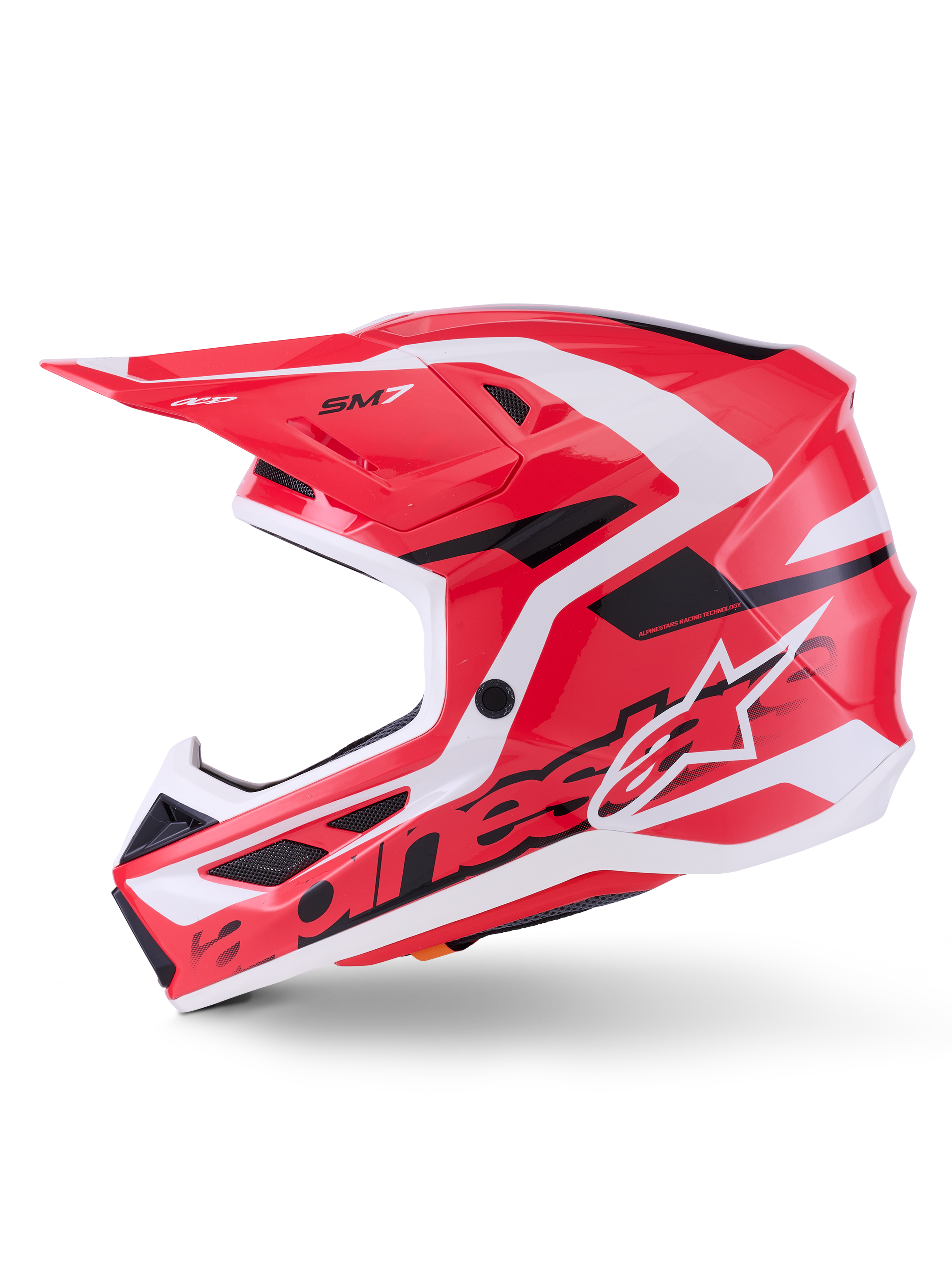 Alpinestars S-M7 Deed Helmet ECE 22.06, Motocross Helmet, Red Black and White Glossy, side profile view showing aerodynamic composite shell, ventilation ports, and Alpinestars branding, designed for off-road racing protection