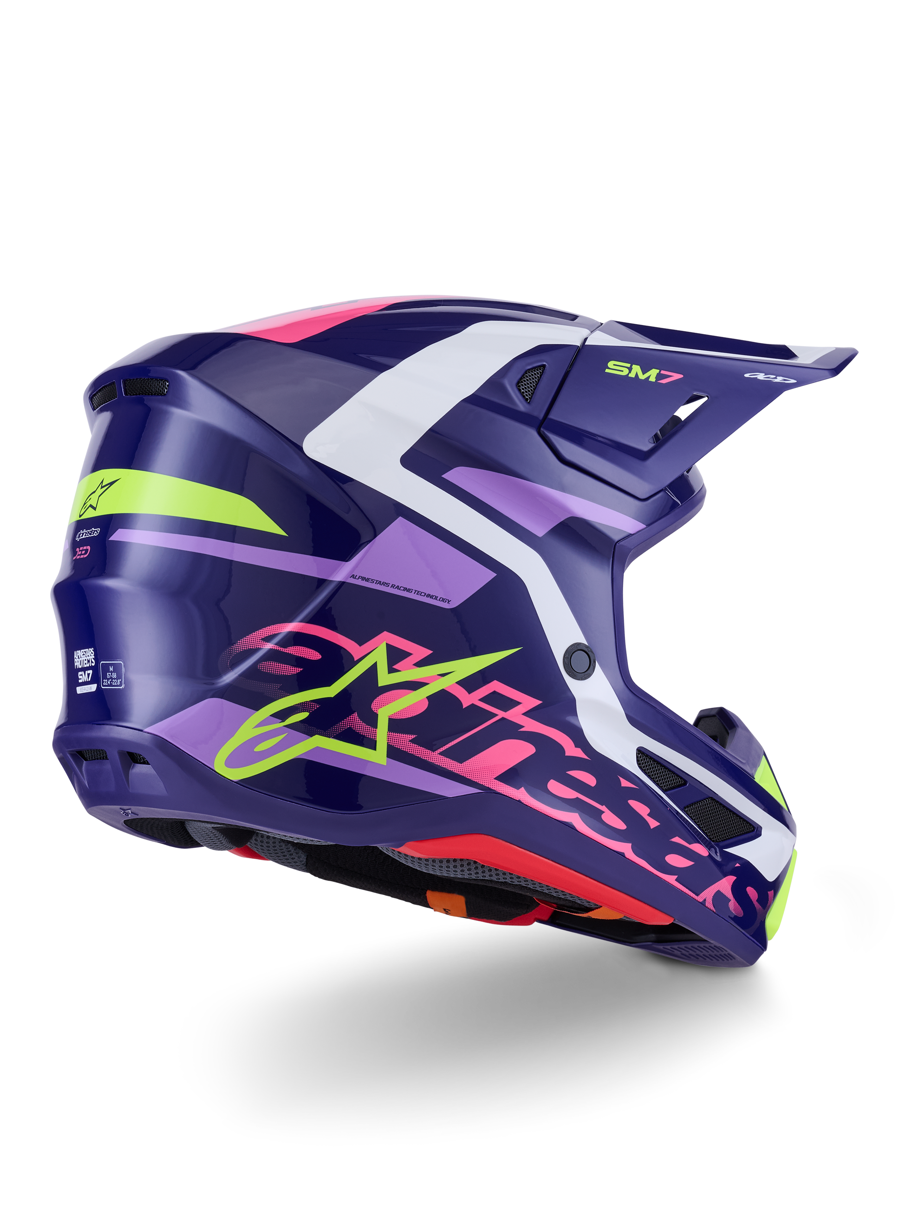 Alpinestars S-M7 Deed Helmet, Motocross Helmet, Purple Pink Glossy, side-rear view with white and lime green accents, bold pink Alpinestars wordmark and star logo, aerodynamic composite shell design for off-road performance