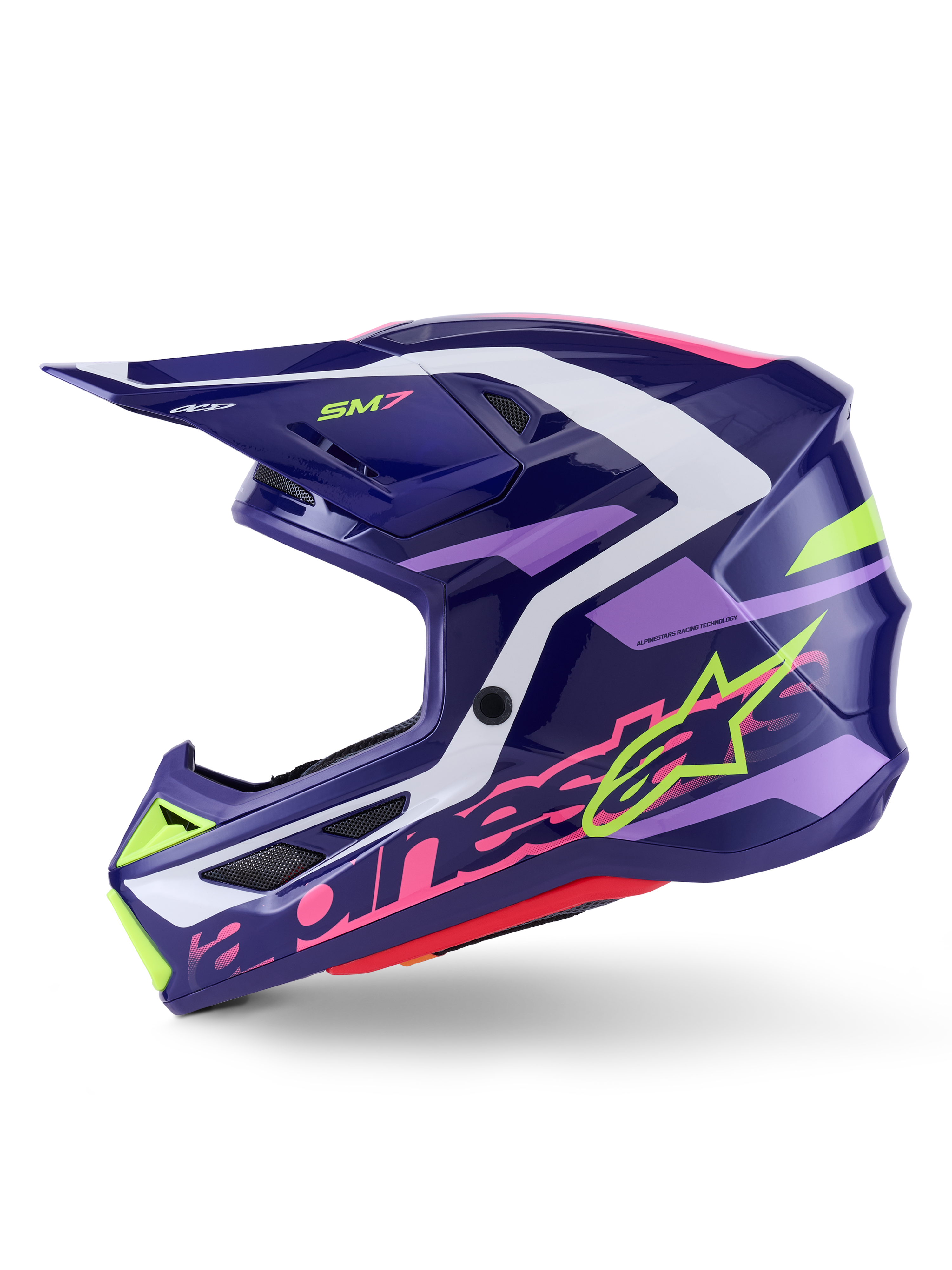 Alpinestars S-M7 Deed Motocross Helmet, Purple Pink Glossy, side profile view, featuring bold lime green and pink Alpinestars branding, aerodynamic shell with white and light purple accents, glossy finish, designed for off-road racing
