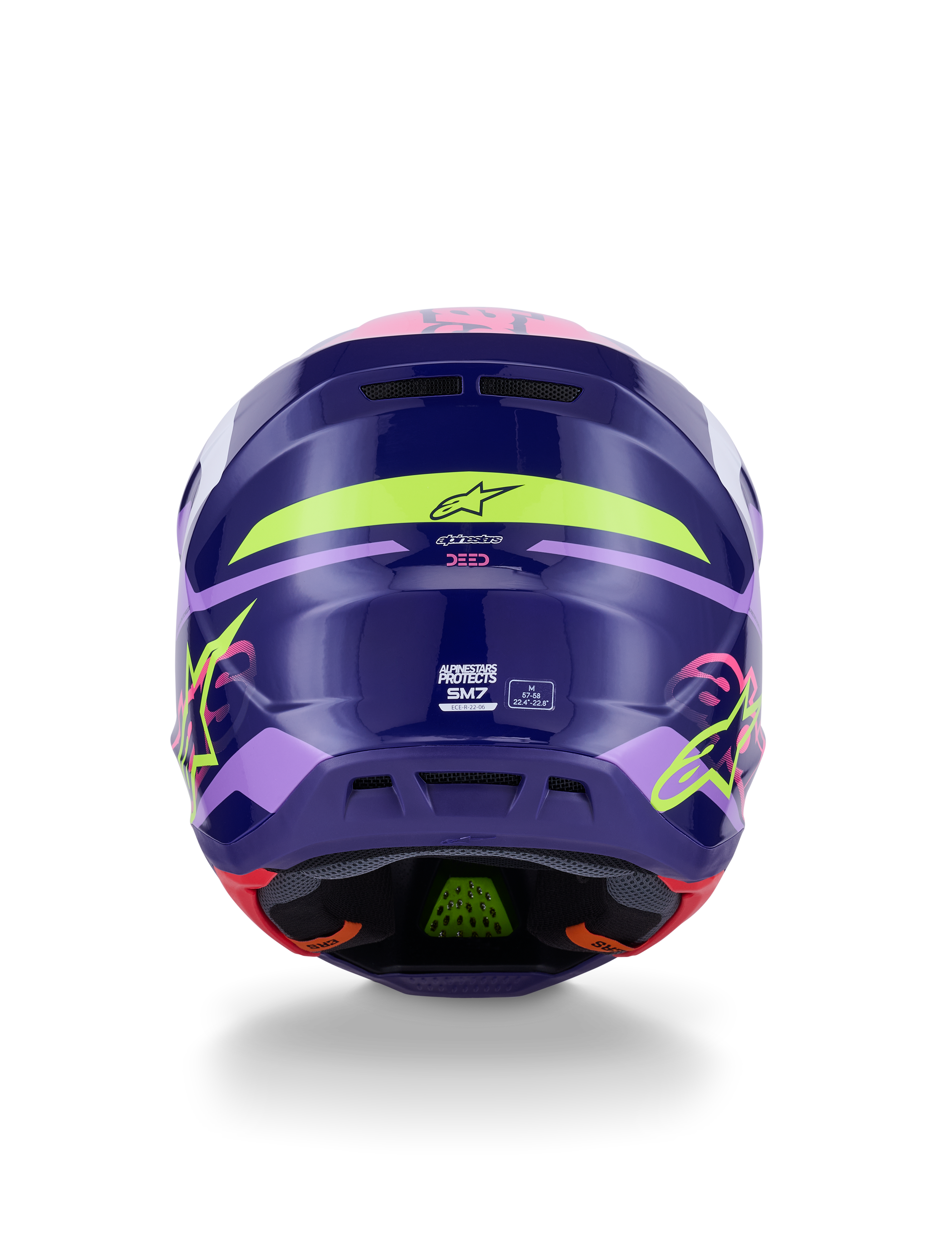 Alpinestars S-M7 Deed Helmet ECE 22.06, Motocross Helmet, Rear view in Purple Pink Glossy, featuring neon yellow and pink graphics, aerodynamic composite shell with SM7 branding and certification markings, high-performance off-road racing gear