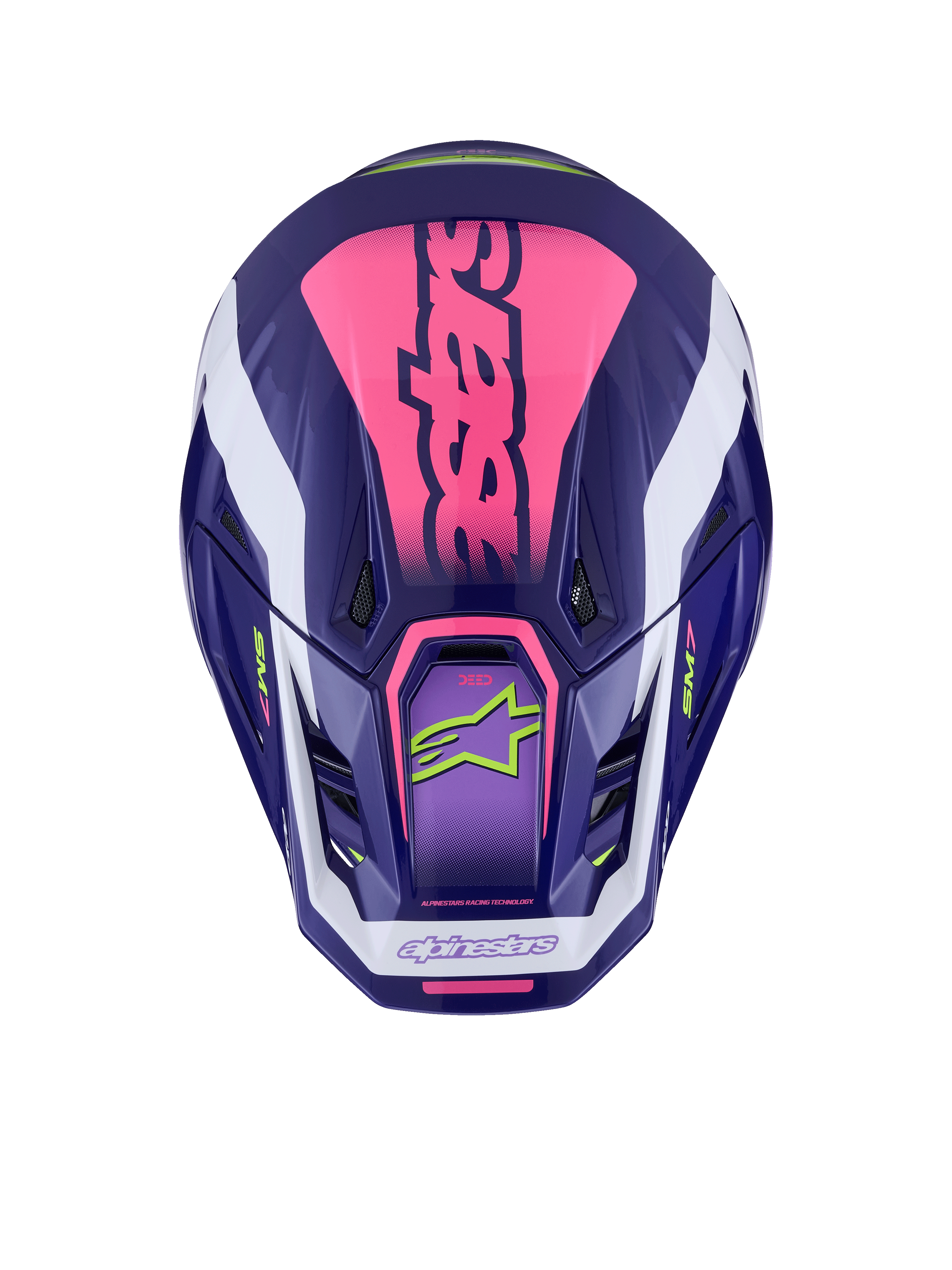 Alpinestars S-M7 Deed Helmet, Top View, Purple Pink Glossy, bold pink branding on top, white accents, lime green logos, ventilation ports, glossy finish, high-performance motocross protection