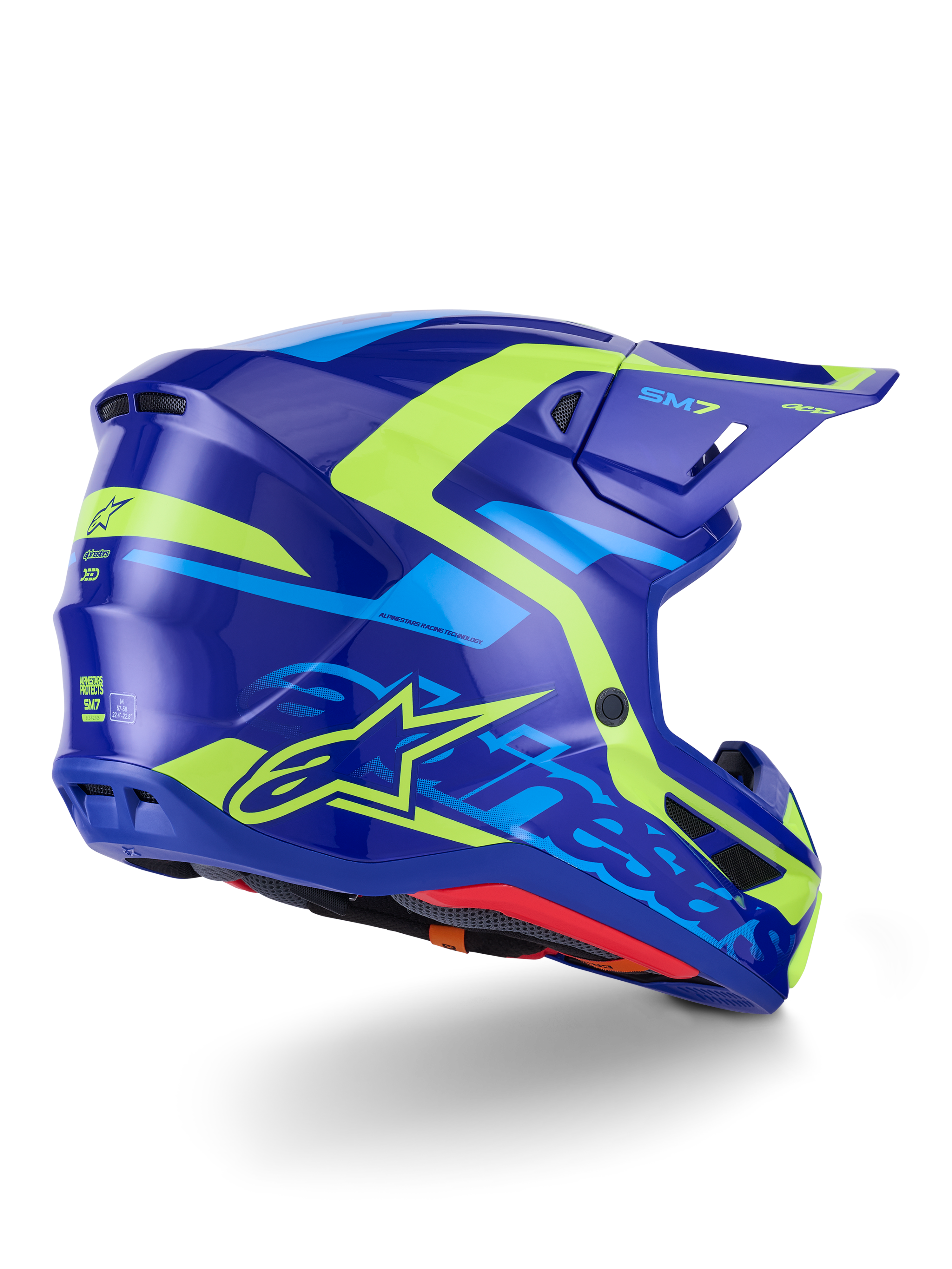 Alpinestars S-M7 Deed Helmet ECE 22.06, Motocross Helmet, Blue Yellow Fluo Glossy, side-rear view featuring a sleek aerodynamic shell profile, bold Alpinestars branding with bright neon yellow accents, high-performance ventilation ports, and a glossy finish for off-road racing.