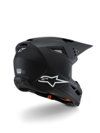 Alpinestars S-M3 Youth Solid Helmet ECE 22.06, Motocross Helmet, Matte Black, rear three-quarter view featuring white Alpinestars logos, sleek shell design with integrated visor and ventilation ports, youth off-road protective gear