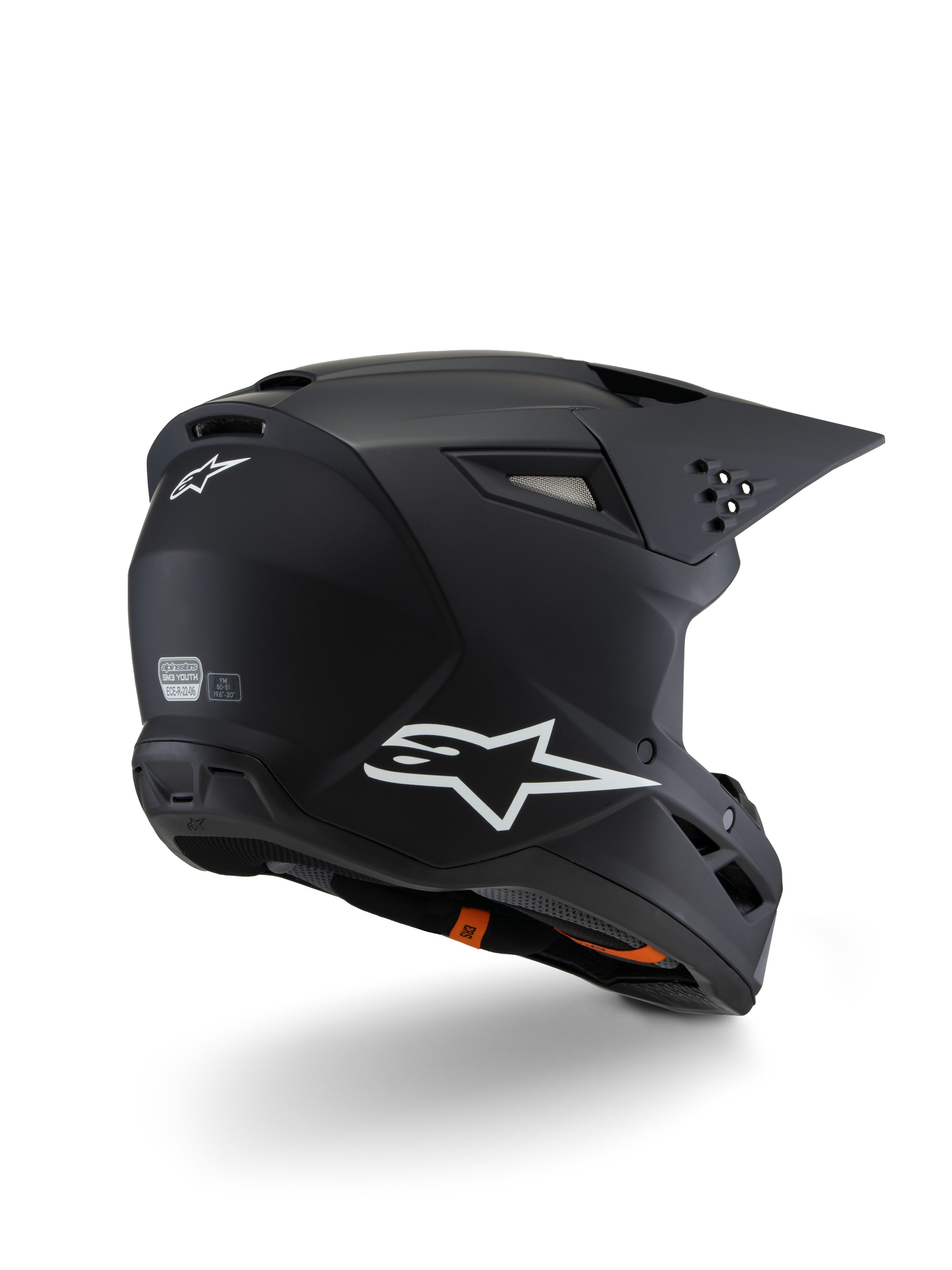 Alpinestars S-M3 Youth Solid Helmet ECE 22.06, Motocross Helmet, Matte Black, rear three-quarter view featuring white Alpinestars logos, sleek shell design with integrated visor and ventilation ports, youth off-road protective gear