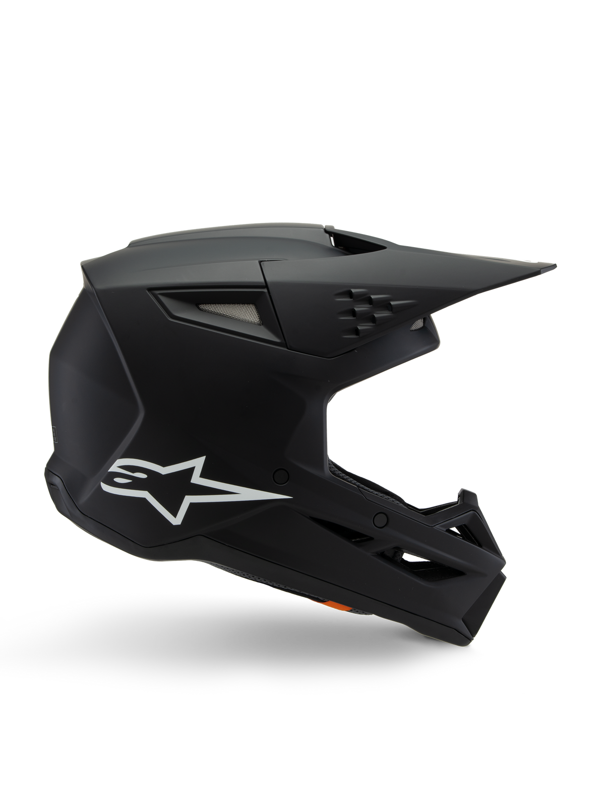 Alpinestars S-M3 Youth Solid Helmet, Motocross Helmet, Matte Black with White Star Logo, side profile view featuring an angular design, long visor, and integrated ventilation ports, ECE 22.06 certified