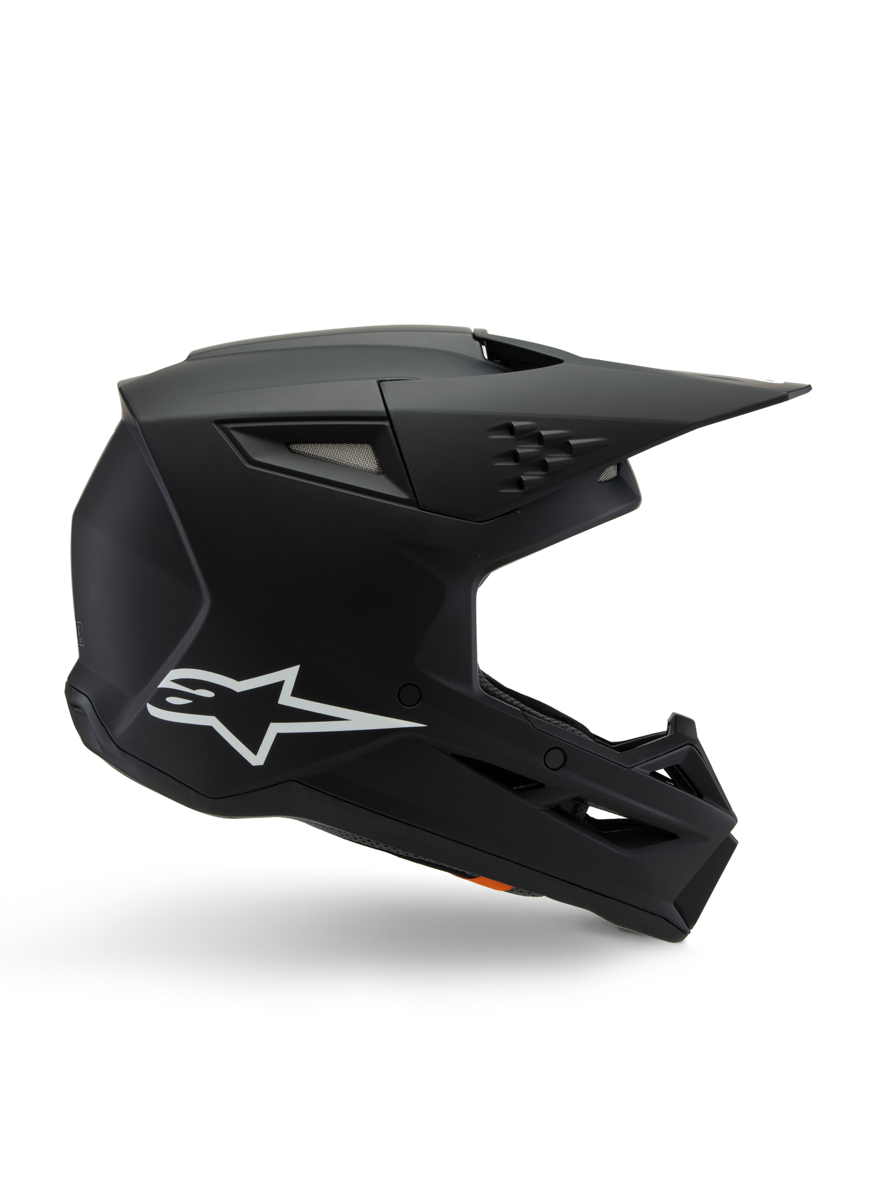 Alpinestars S-M3 Youth Solid helm, motorcrosshelm, mat zwart met wit ster-logo, zijprofiel met een hoekig ontwerp, lang vizier en geïntegreerde ventilatieopeningen, ECE 22.06 gecertificeerd