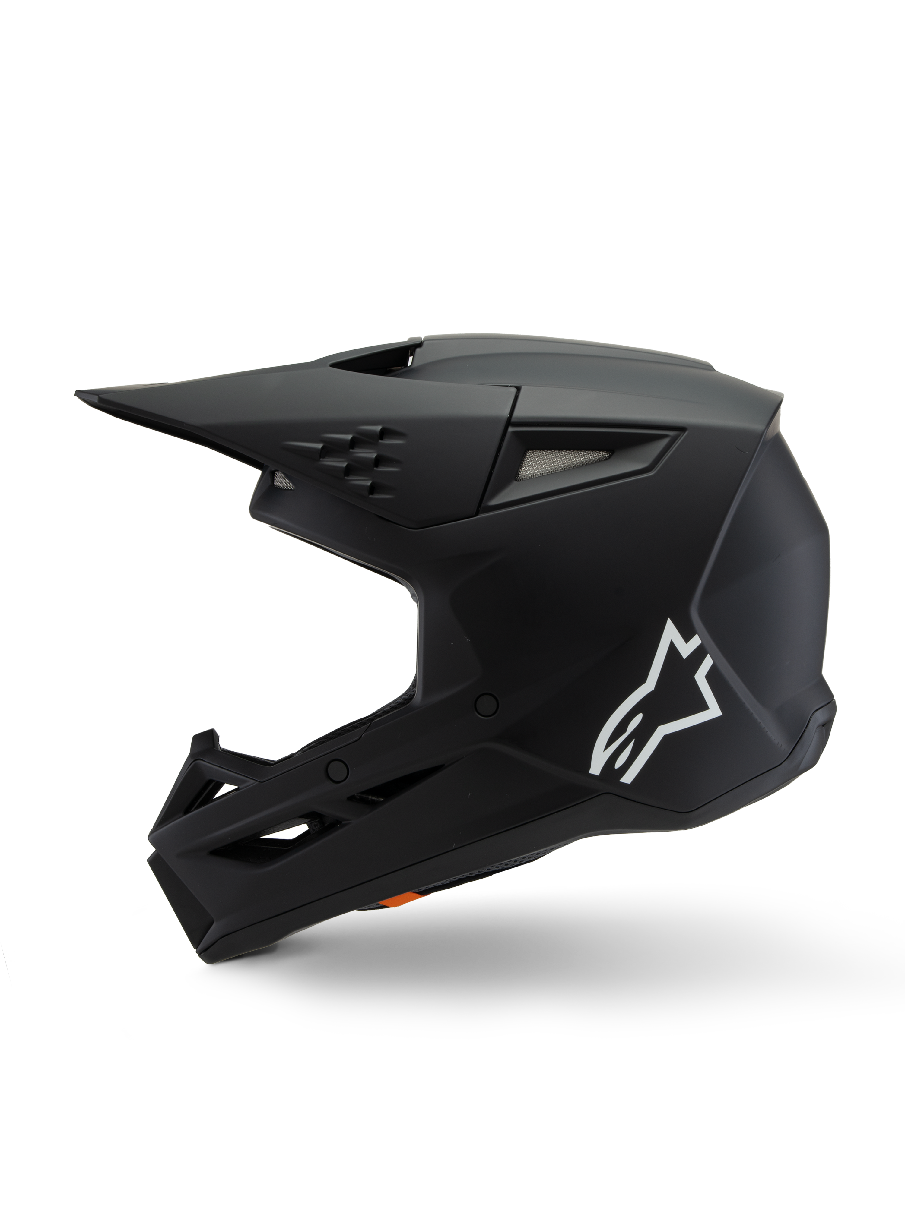 Alpinestars S-M3 Youth Solid Helmet ECE 22.06, Motocross Helmet, Black Matt, side profile view featuring white Alpinestars logo, aerodynamic shell with mesh ventilation ports and integrated visor, youth protective headgear for off-road racing
